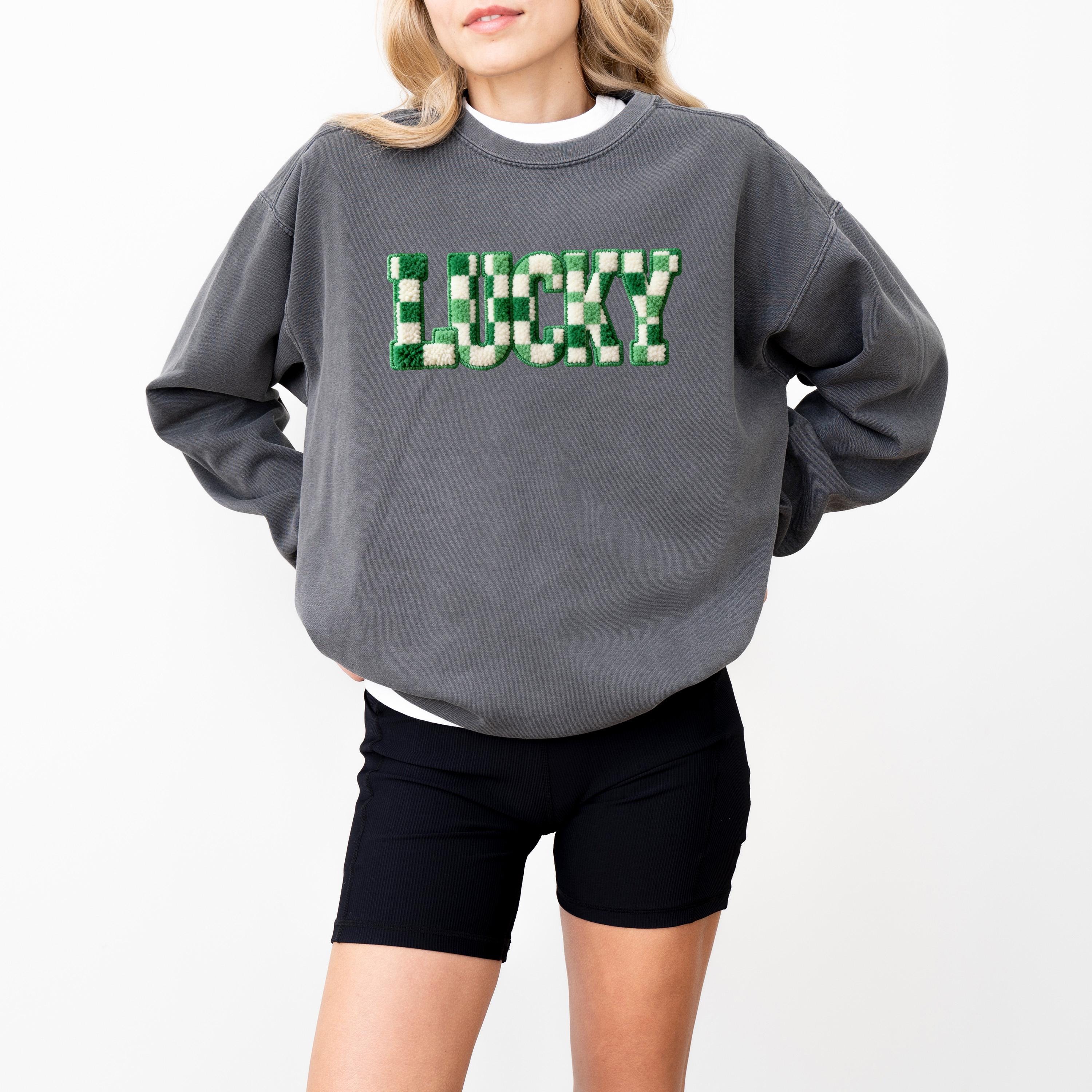 FAUX Yarn Lucky Comfort Colors St Patty's Day Sweater, St Patrick's Day Crew neck, Green Sweater
