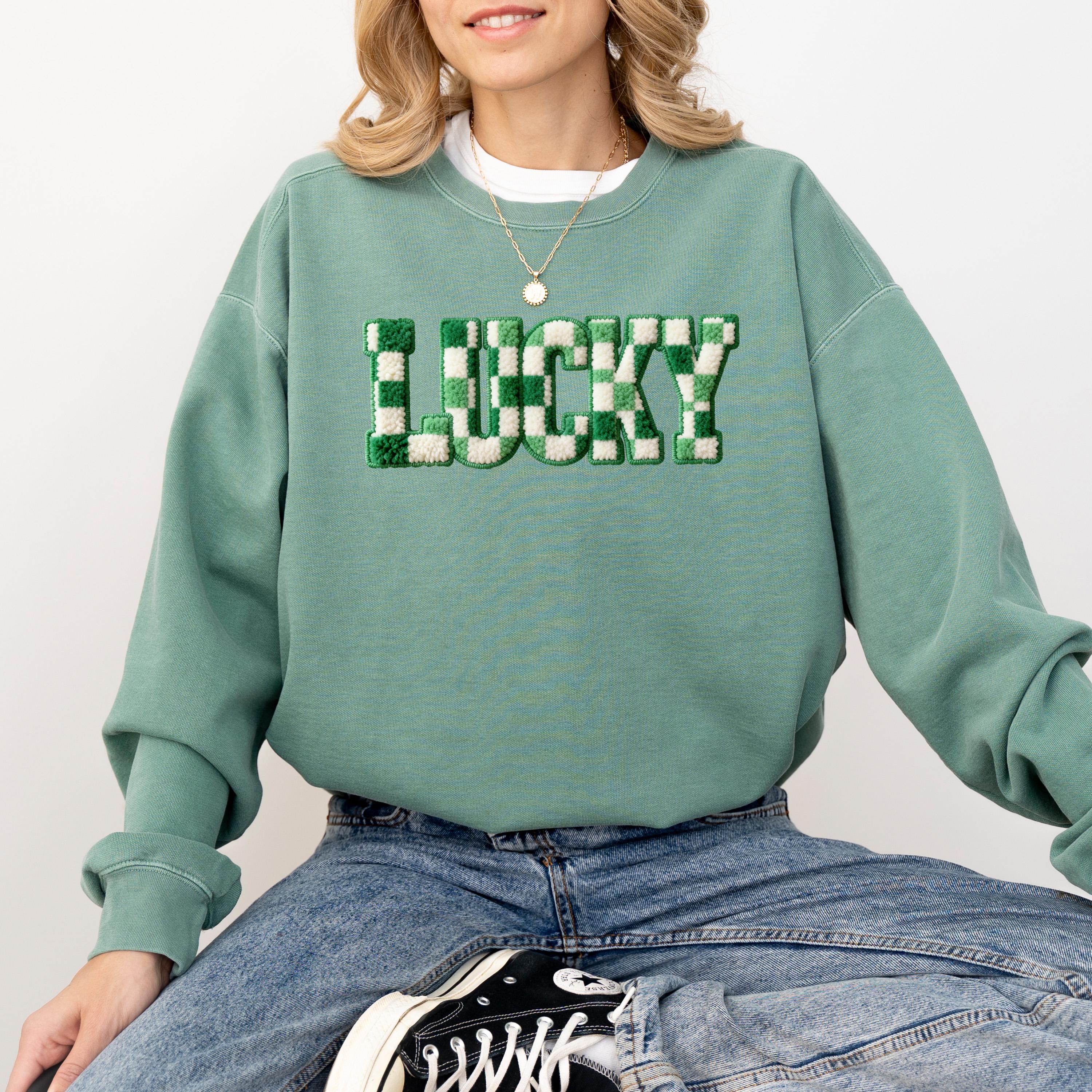 FAUX Yarn Lucky Comfort Colors St Patty's Day Sweater, St Patrick's Day Crew neck, Green Sweater