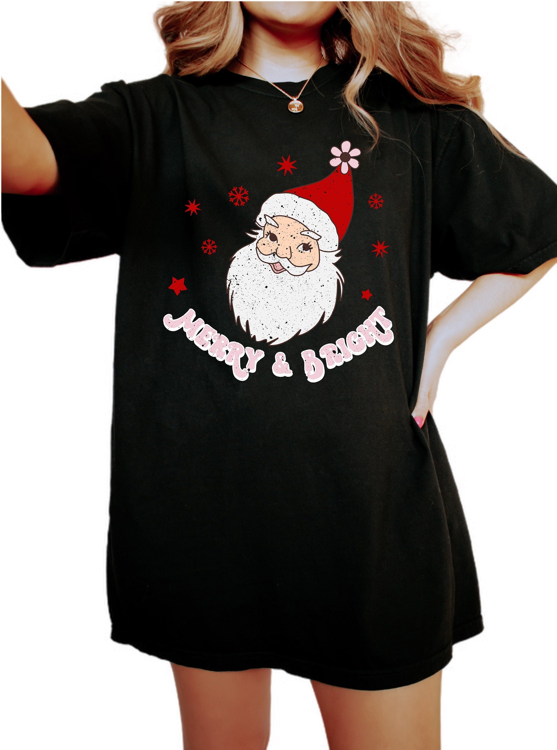 Retro Christmas Vintage Washed Shirt, Merry And Bright Santa Shirt, Vintage Santa Christmas Shirt,