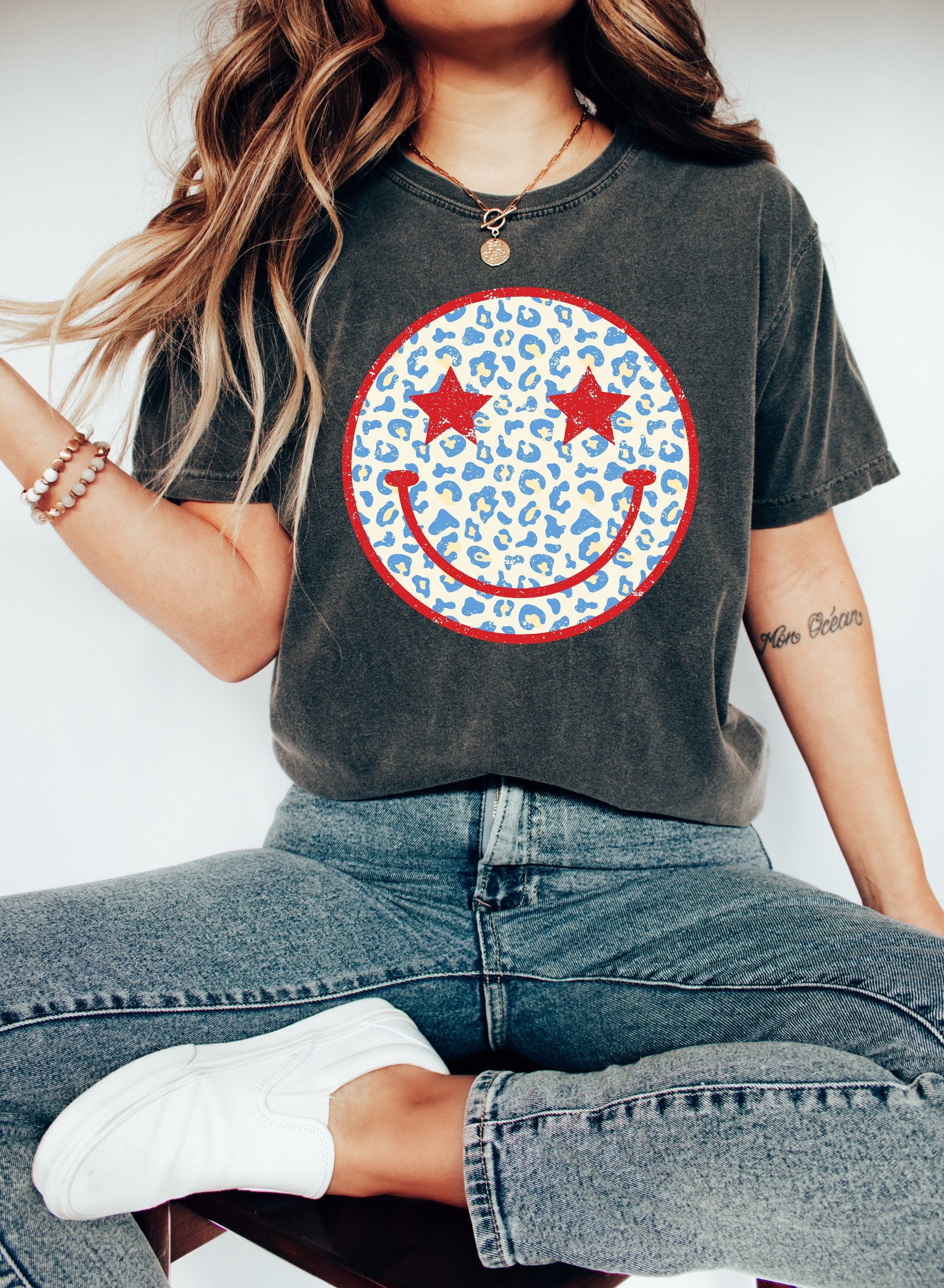 Retro Smiley Cheetah USA shirt, 4th of July tee, Retro funny fourth shirt, Womens 4th of July shirt, America Patriotic Shirt, Independence