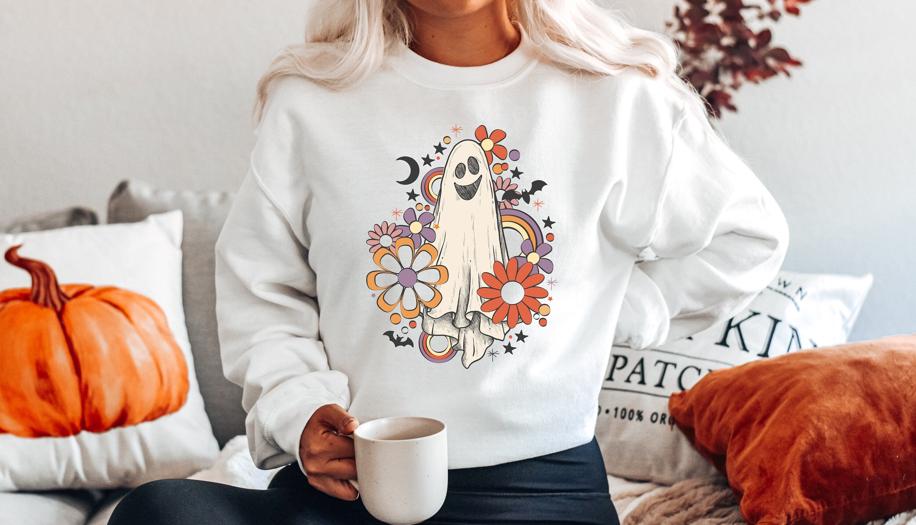 Flower Ghost Halloween Sweatshirt, spooky halloween mom shirt, Vintage Sweater, mama shirt, womens cute pumpkin halloween graphic