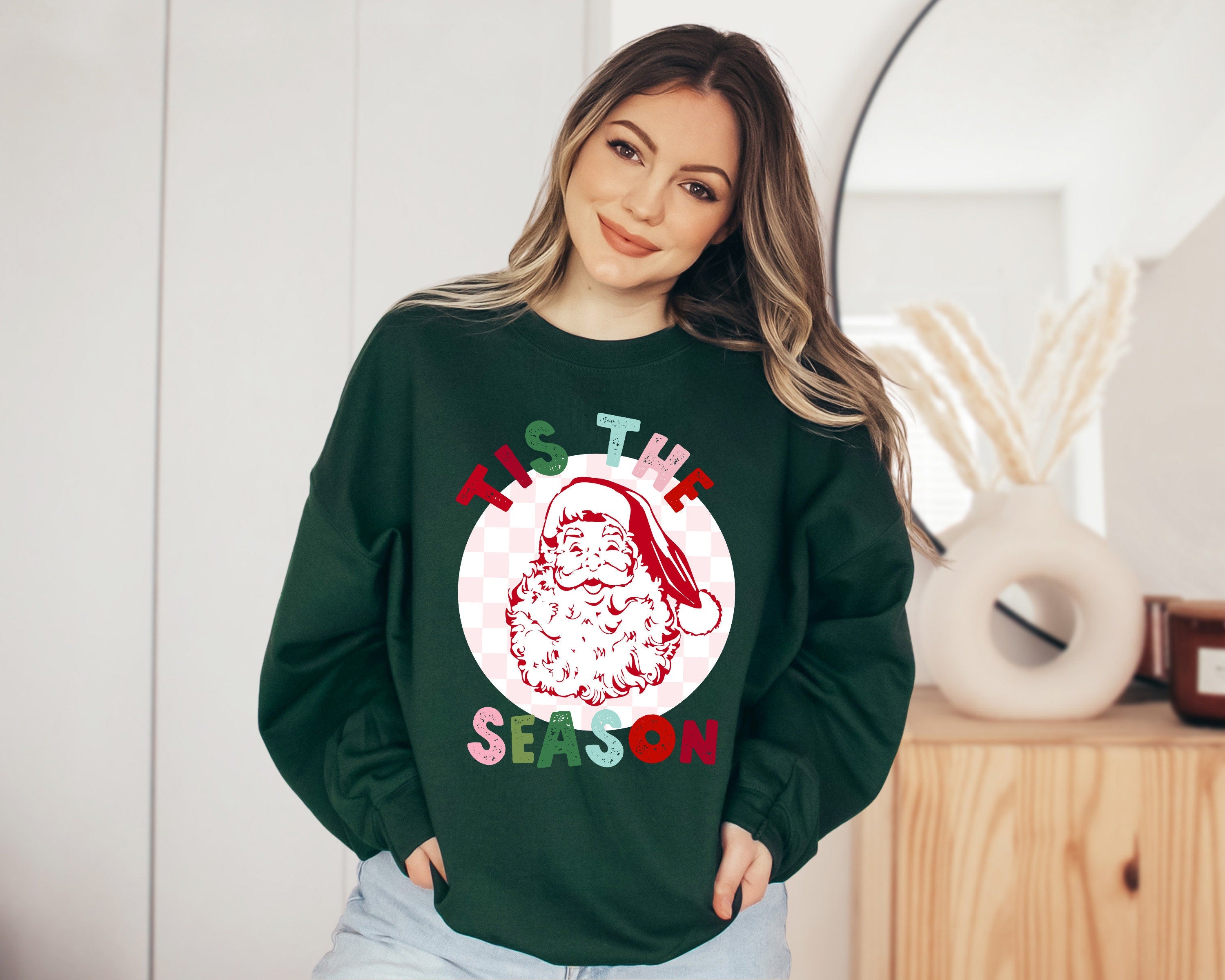 Tis The Season Santa Sweater, Vintage Christmas, Christmas Sweatshirt, Women's Cute Santa, Xmas Graphic Pullover, Holiday Ugly Sweater