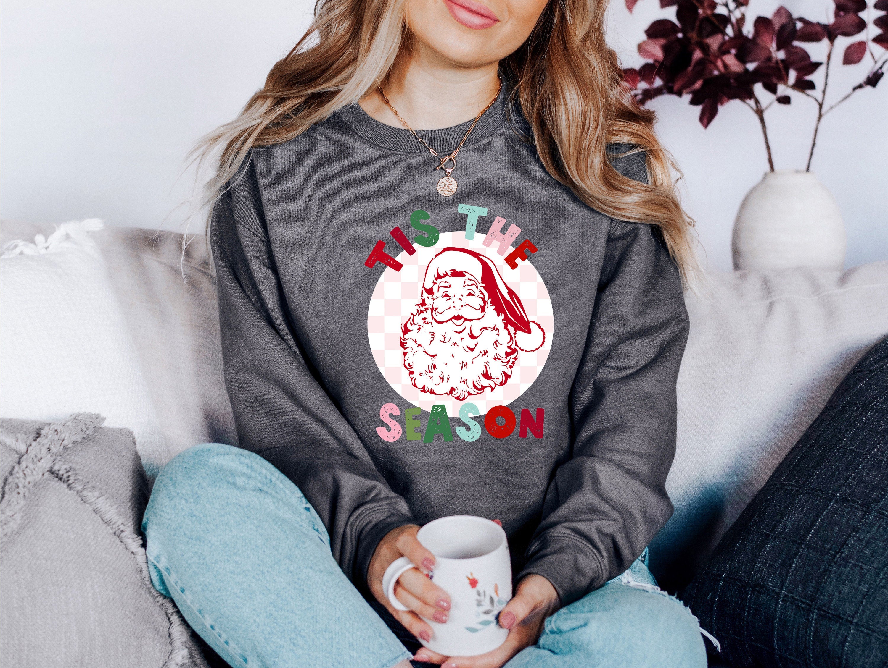 Tis The Season Santa Sweater, Vintage Christmas, Christmas Sweatshirt, Women's Cute Santa, Xmas Graphic Pullover, Holiday Ugly Sweater