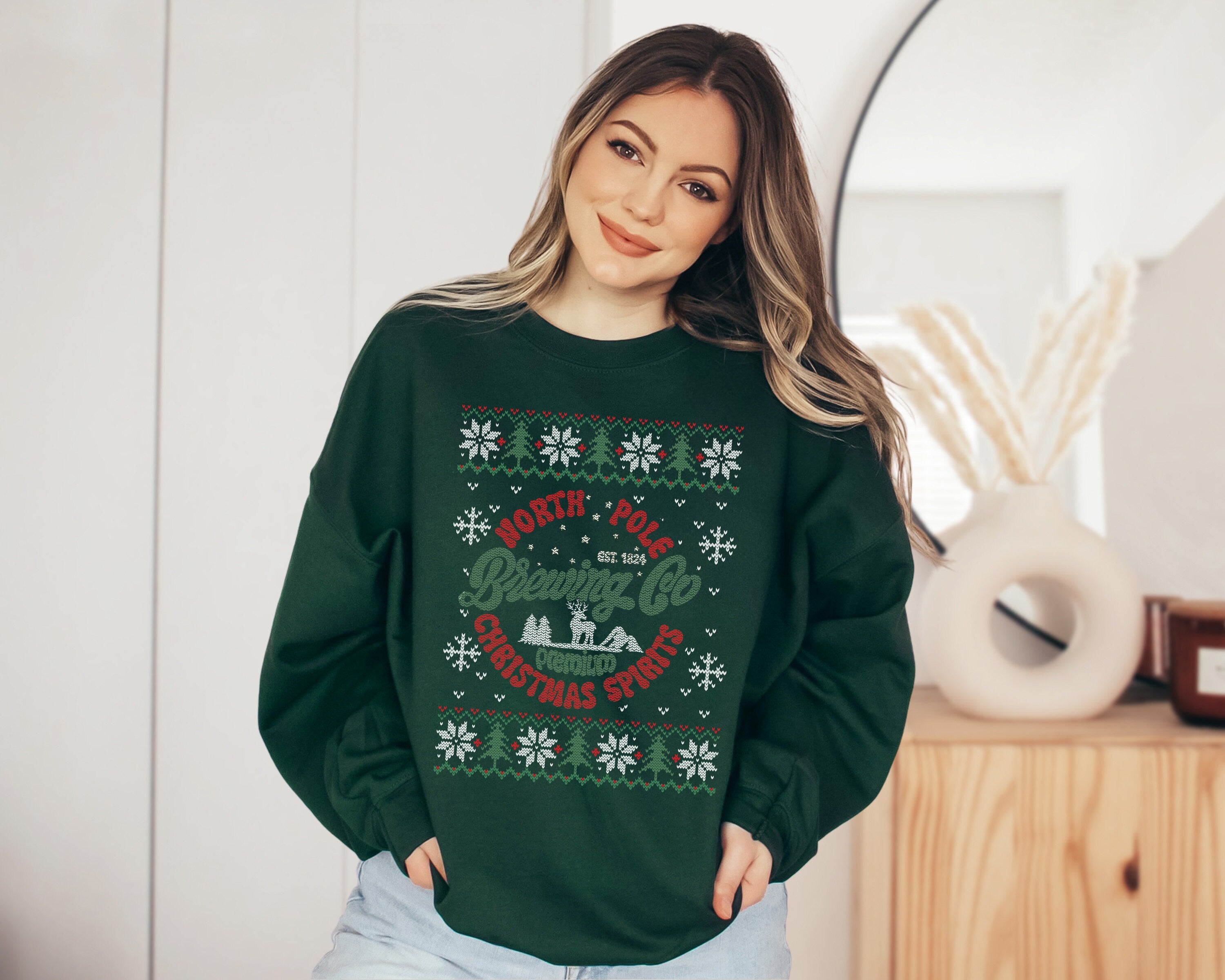 North Pole Brewing Company Sweater, Vintage Christmas, Christmas Sweatshirt, Women's Cute Santa, Graphic Pullover, Ugly Christmas Sweater