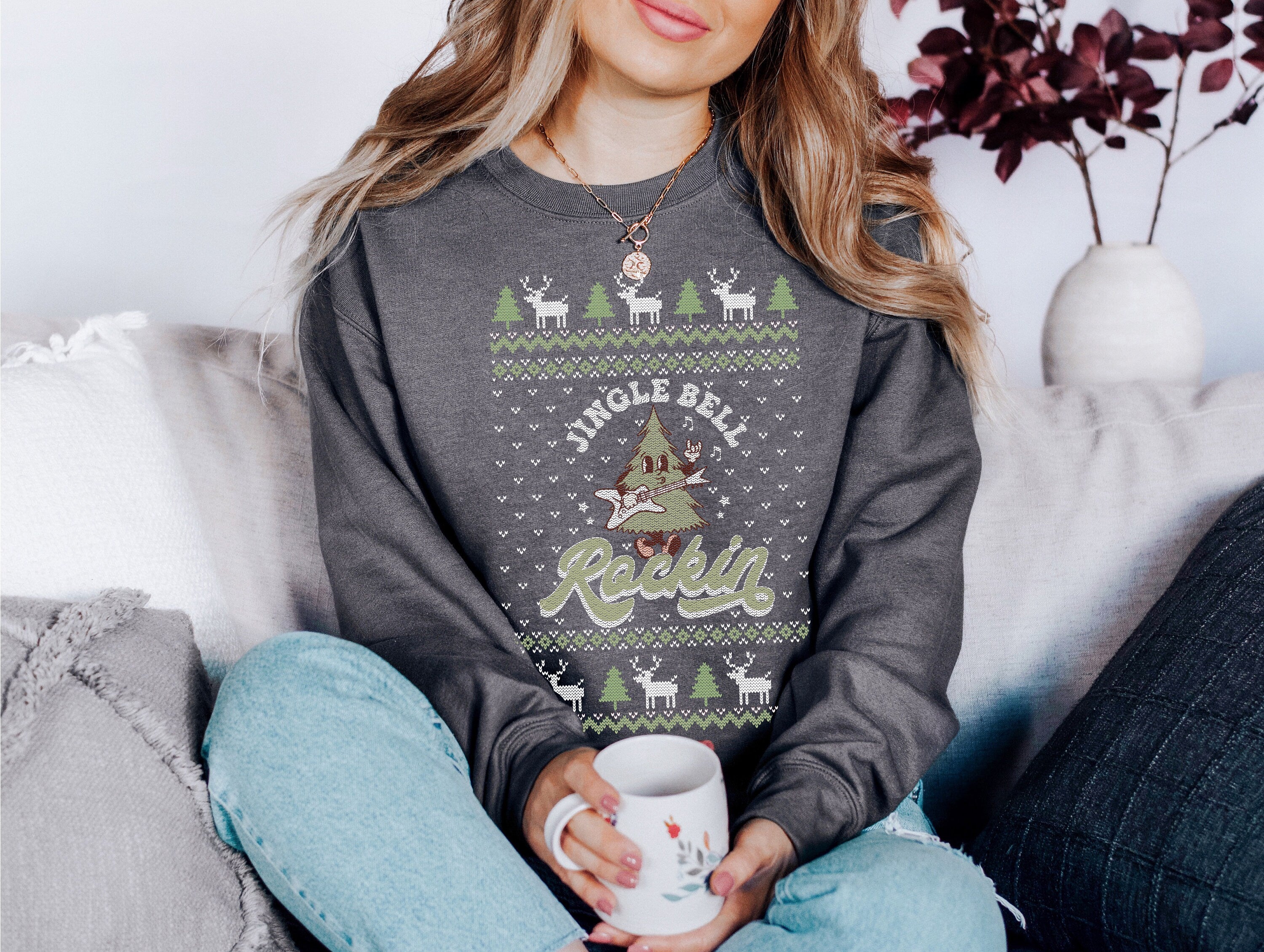 Jingle Bell Rockin' Roll Sweater, Vintage Christmas, Christmas Sweatshirt, Womens Cute Santa, Graphic Pullover, Ugly Christmas Sweater