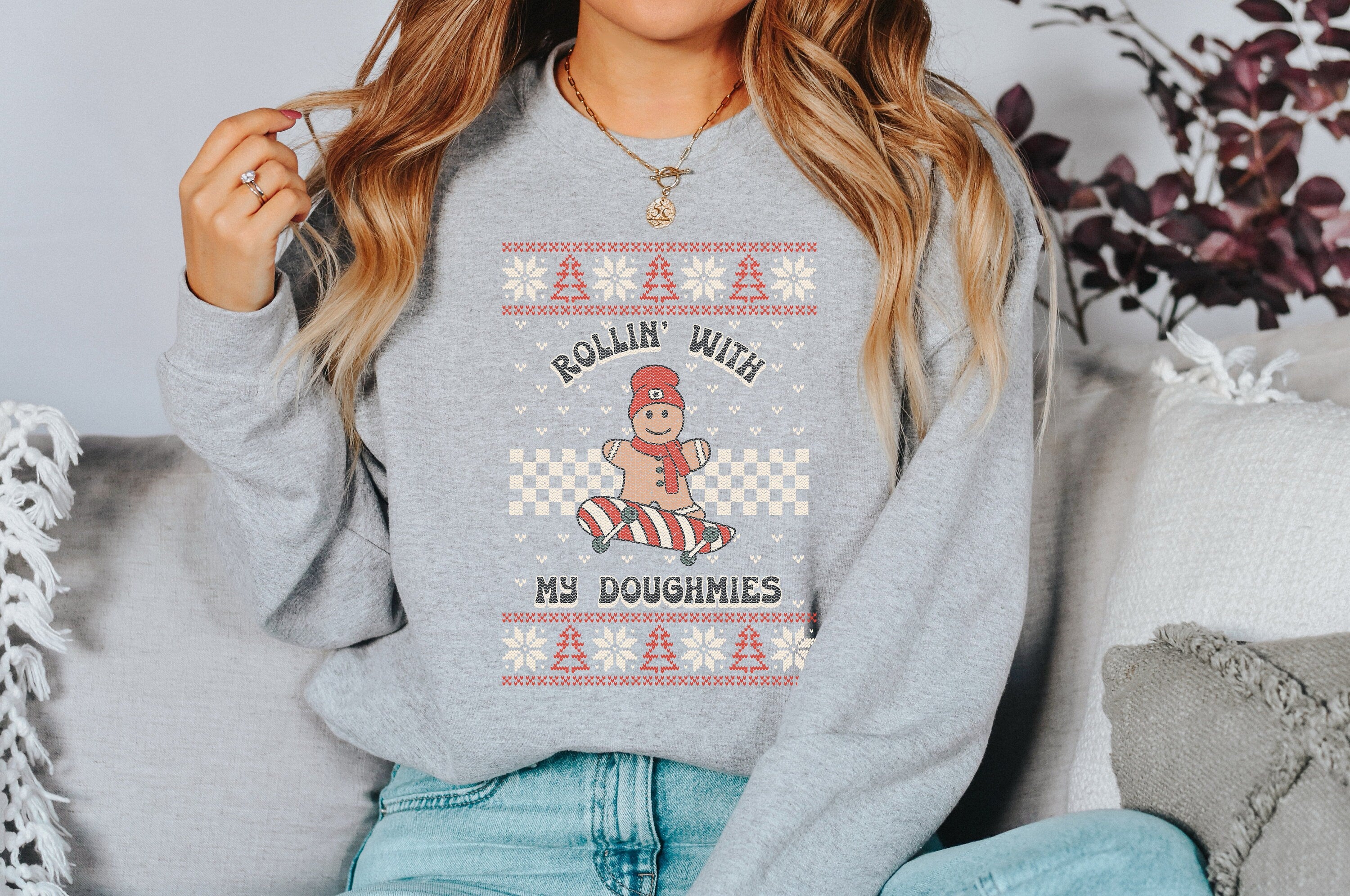 Rollin With My Doughmies Sweater, Vintage Christmas, Christmas Sweatshirt, Women's Cute Santa, Graphic Pullover, Ugly Christmas Sweater