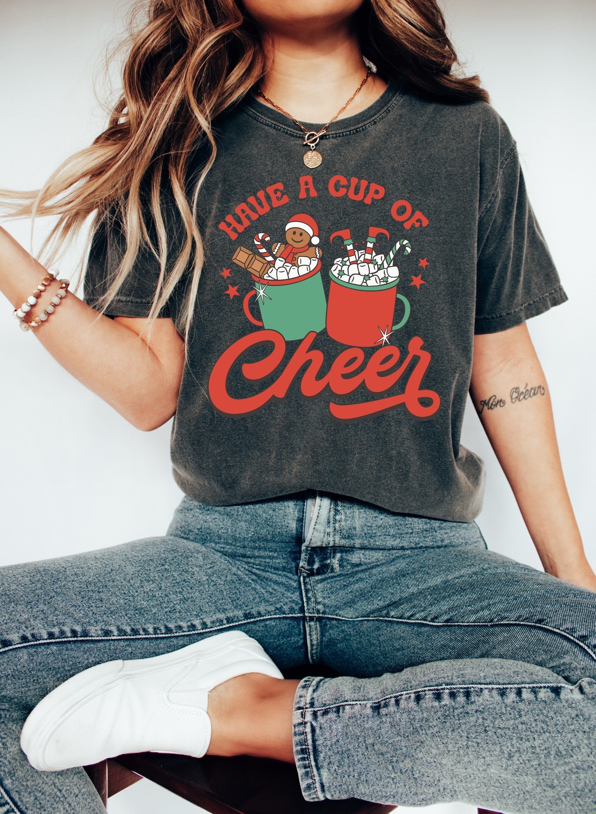 Retro Christmas Comfort Colors Shirt, Have Cup of Cheer Cocoa Shirt, Vintage Santa Christmas Shirt, Retro Holiday Shirt, Ugly Sweater Shirt