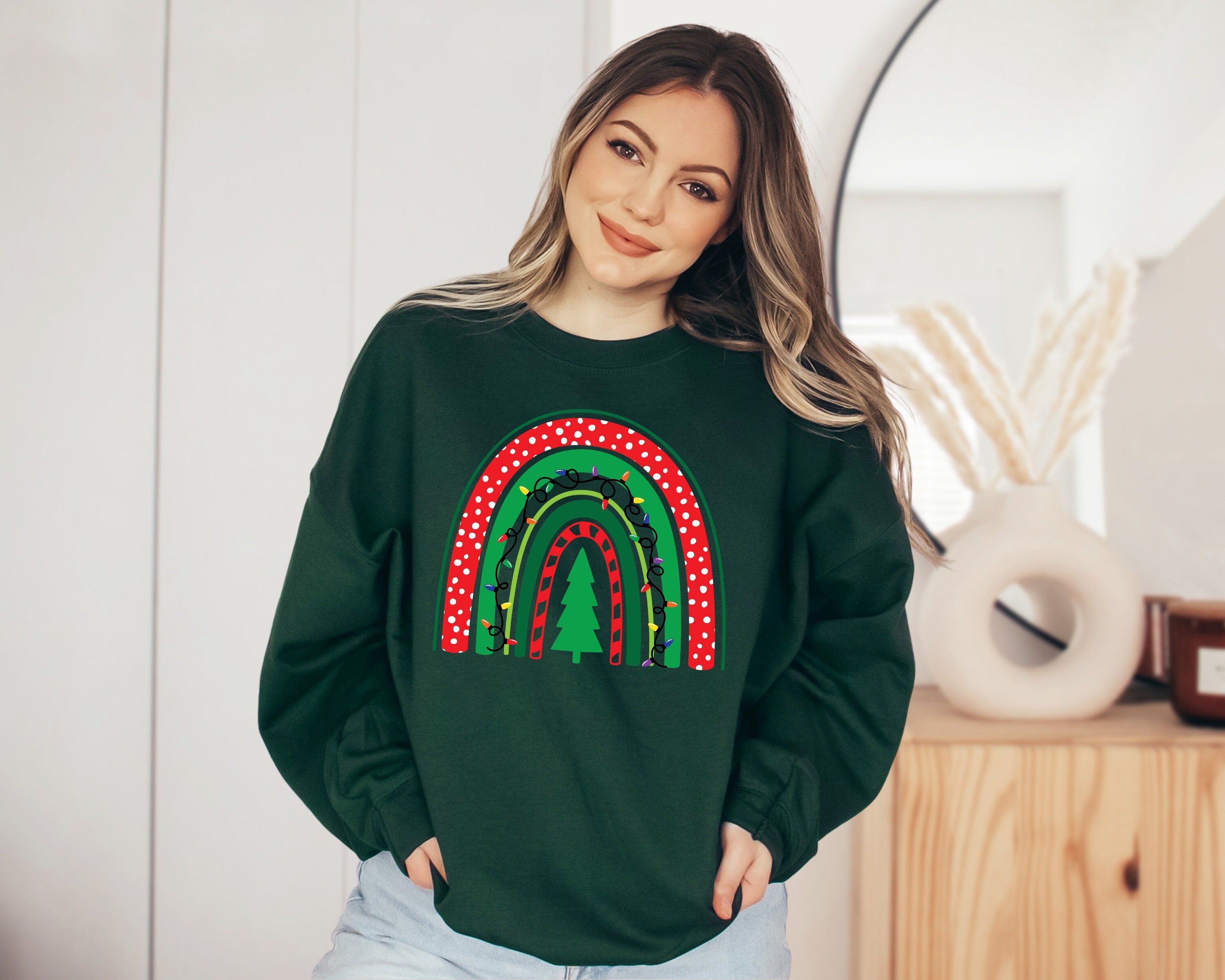 Boho Christmas Tree Sweater, Vintage Christmas, Christmas Sweatshirt, Women's Cute Santa, Xmas Graphic Pullover, Holiday Ugly Sweater