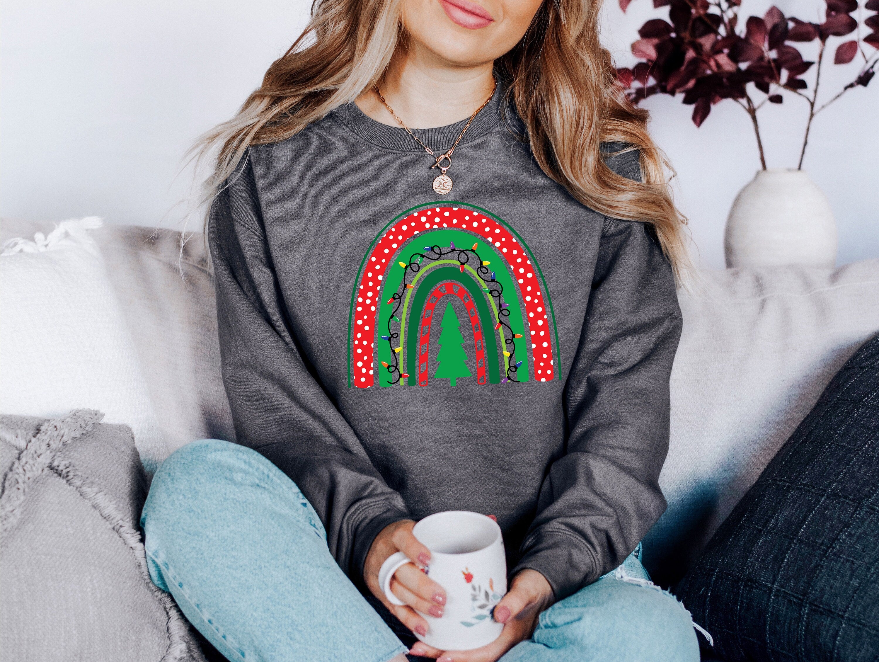 Boho Christmas Tree Sweater, Vintage Christmas, Christmas Sweatshirt, Women's Cute Santa, Xmas Graphic Pullover, Holiday Ugly Sweater