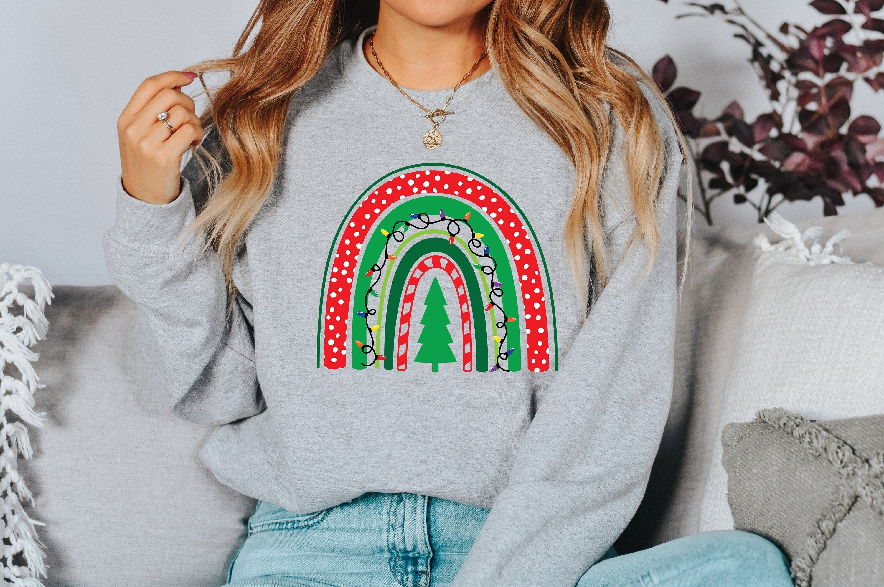 Boho Christmas Tree Sweater, Vintage Christmas, Christmas Sweatshirt, Women's Cute Santa, Xmas Graphic Pullover, Holiday Ugly Sweater