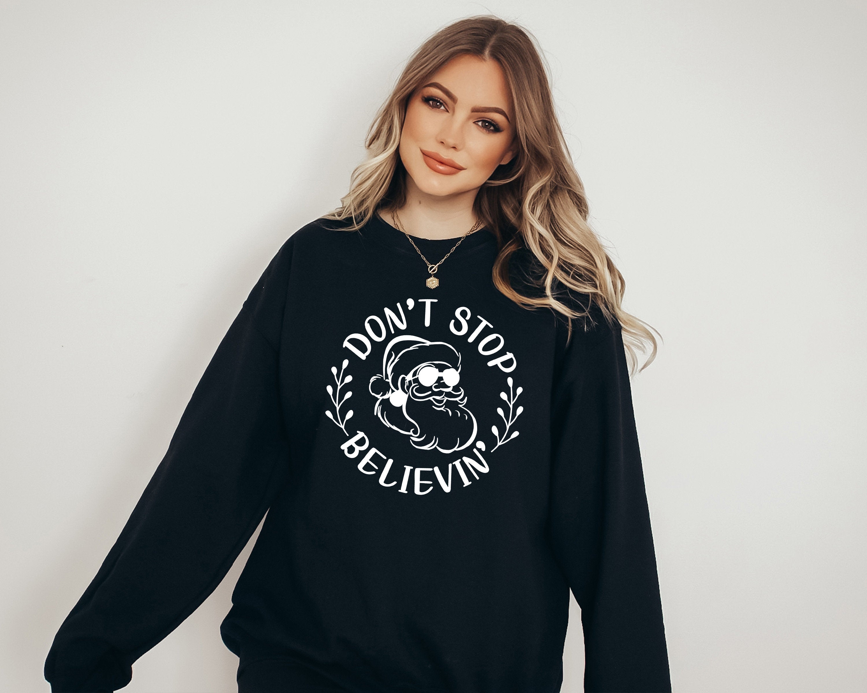 Don't Stop Believing Holiday Sweater, Vintage Christmas, Christmas Sweatshirt, Cute Santa, Xmas Graphic Pullover, Holiday Ugly Sweater