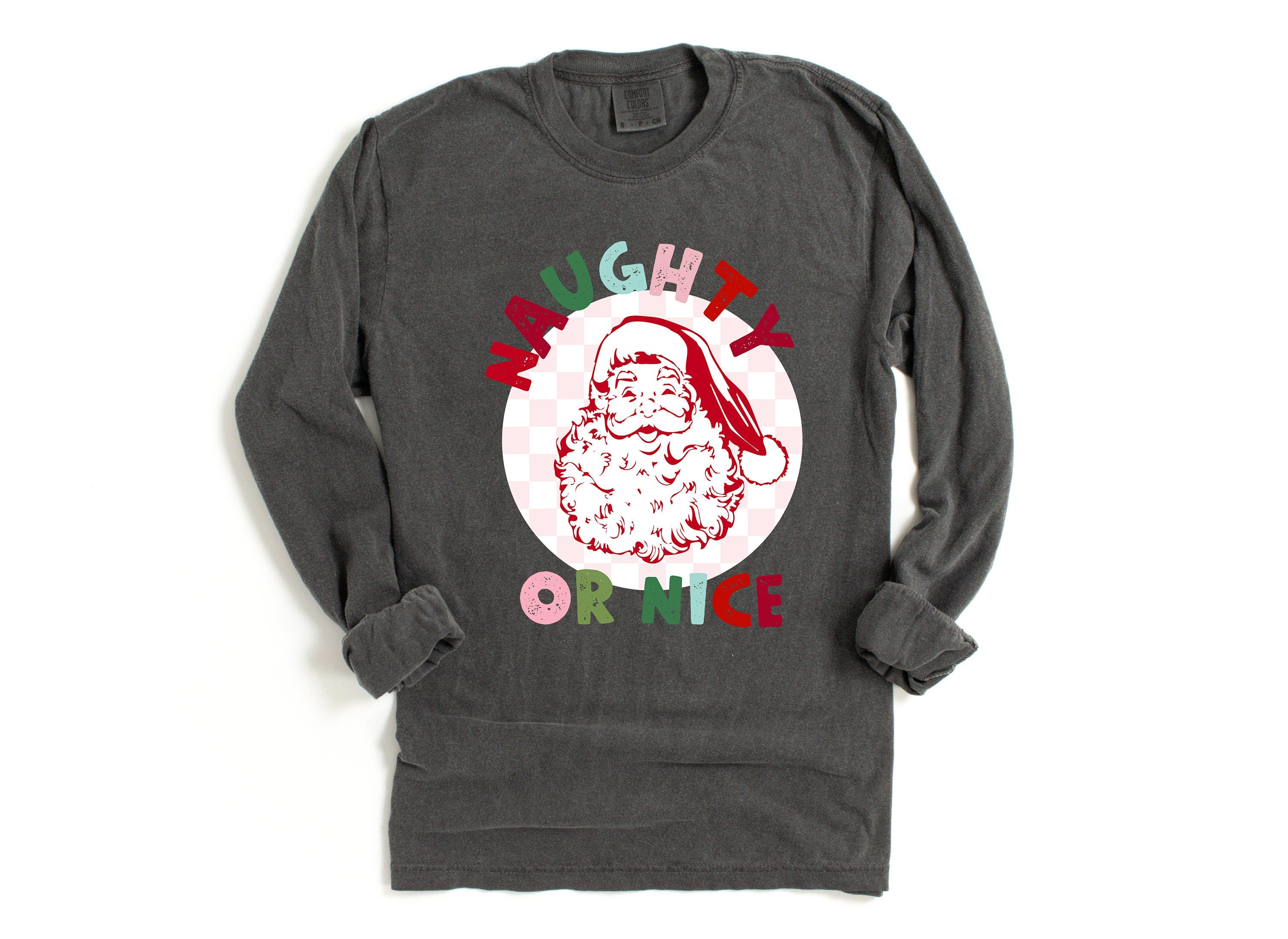 Long Sleeve Retro Christmas Comfort Colors shirt, Naughty or Nice Santa, Vintage New Years Holiday Shirt, Santa Shirt, Retro Christmas Shirt