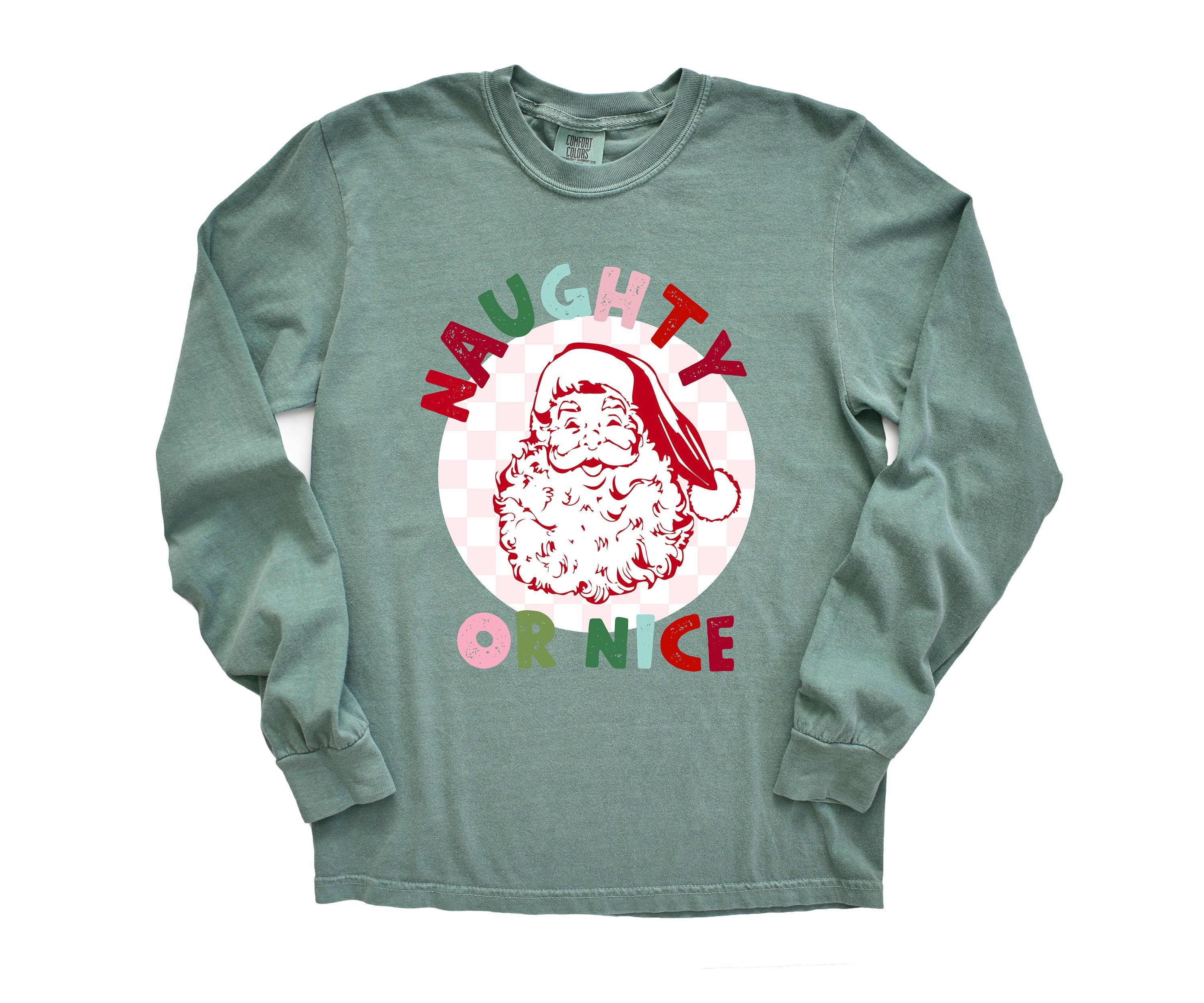 Long Sleeve Retro Christmas Comfort Colors shirt, Naughty or Nice Santa, Vintage New Years Holiday Shirt, Santa Shirt, Retro Christmas Shirt