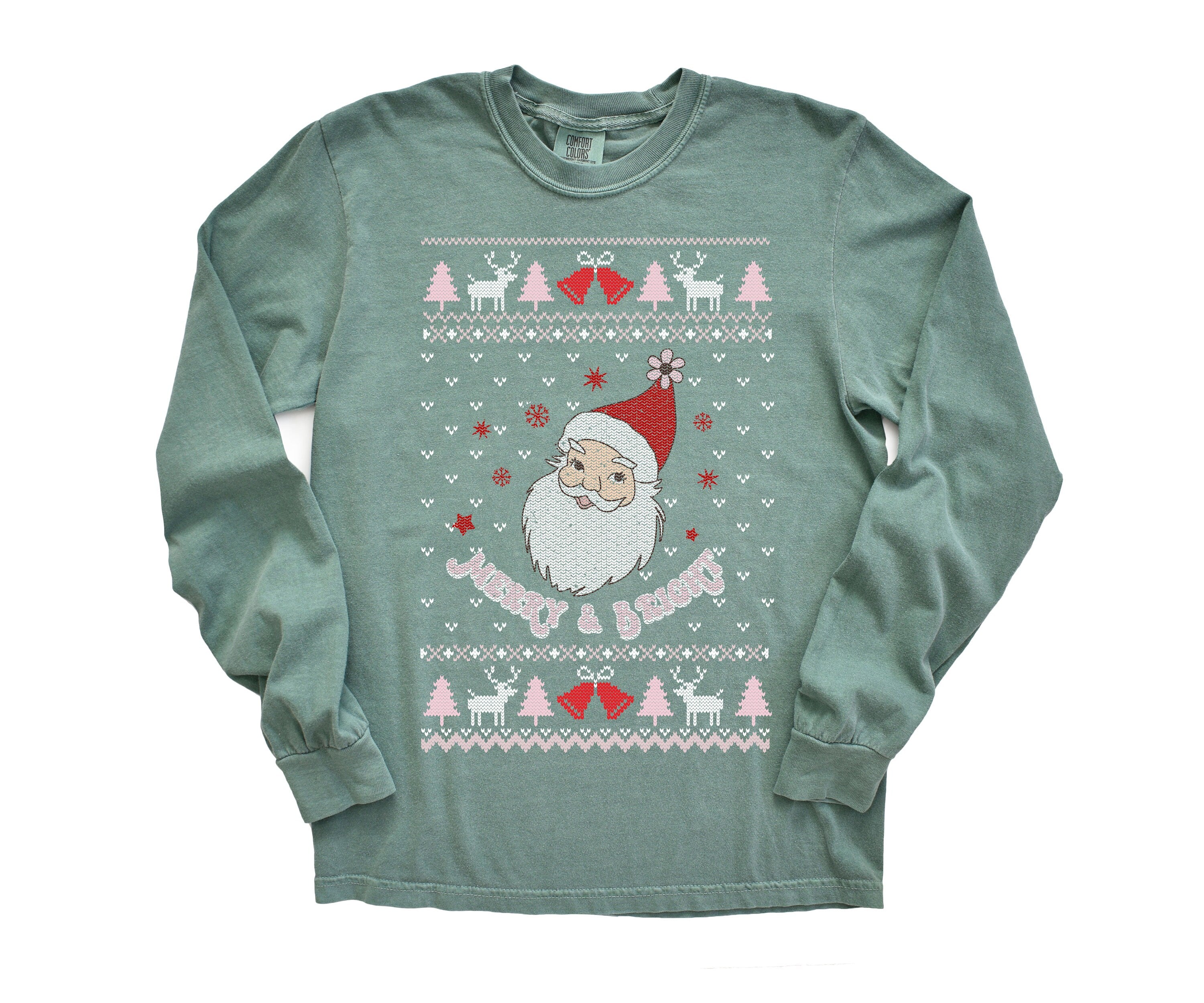 Long Sleeve Retro Christmas Comfort Colors shirt, Merry and Bright Santa Slay, Vintage Holiday Shirt, Santa Shirt, Retro Ugly Sweater