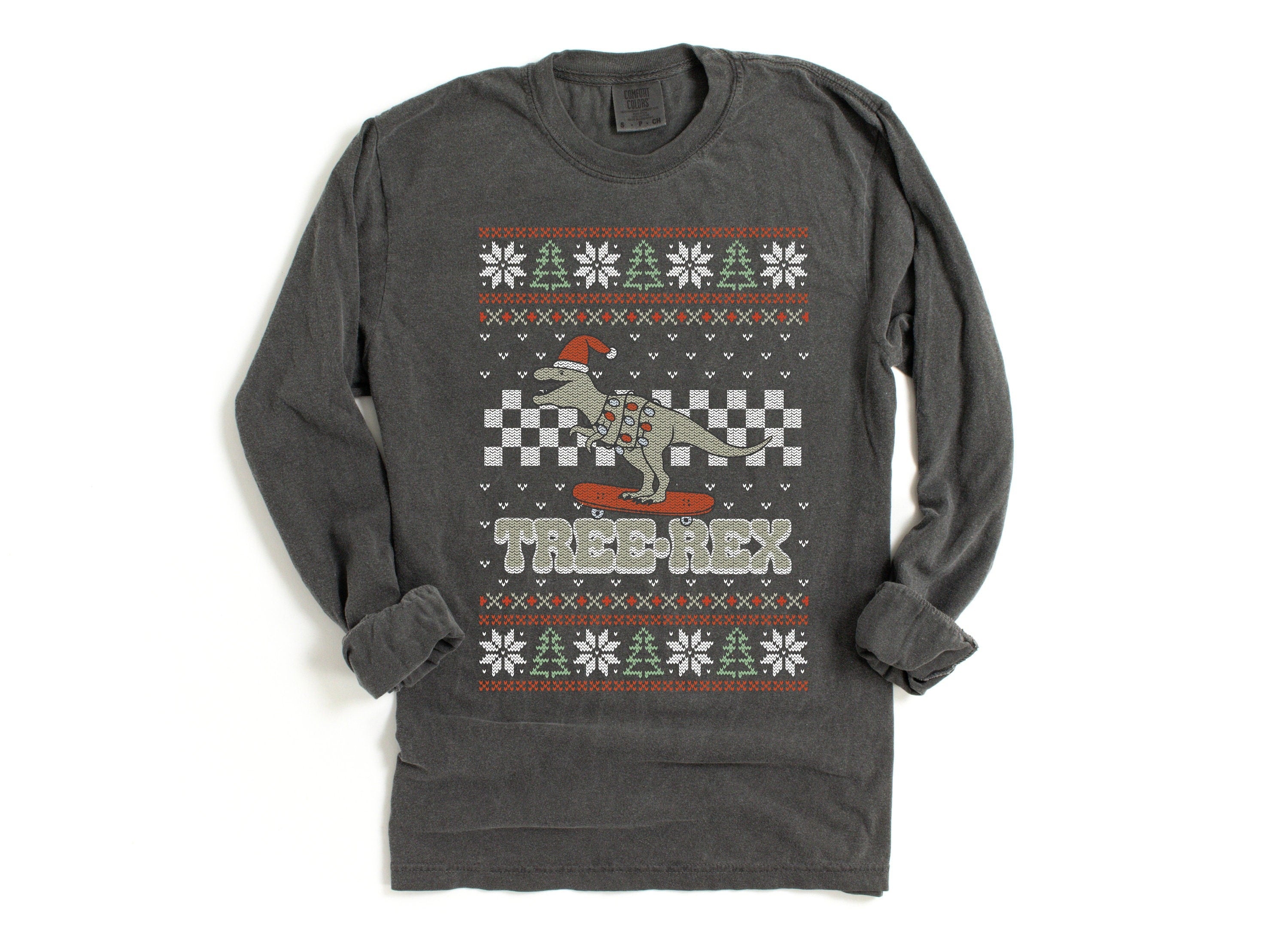 Long Sleeve Retro Christmas Comfort Colors Shirt, Tree Rex Skateboarder, Vintage New Years Holiday Shirt, Santa Shirt, Retro Ugly Sweater