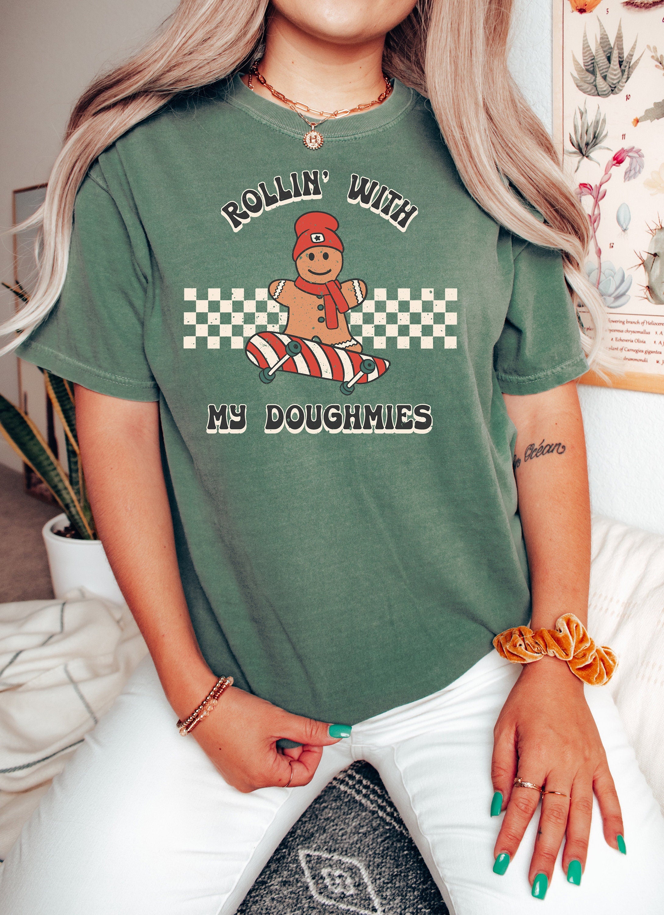Retro Christmas Comfort Colors Shirt, Rollin With My Doughmies Shirt, Vintage Santa Christmas Shirt, Retro Holiday Shirt, Ugly Sweater Shirt