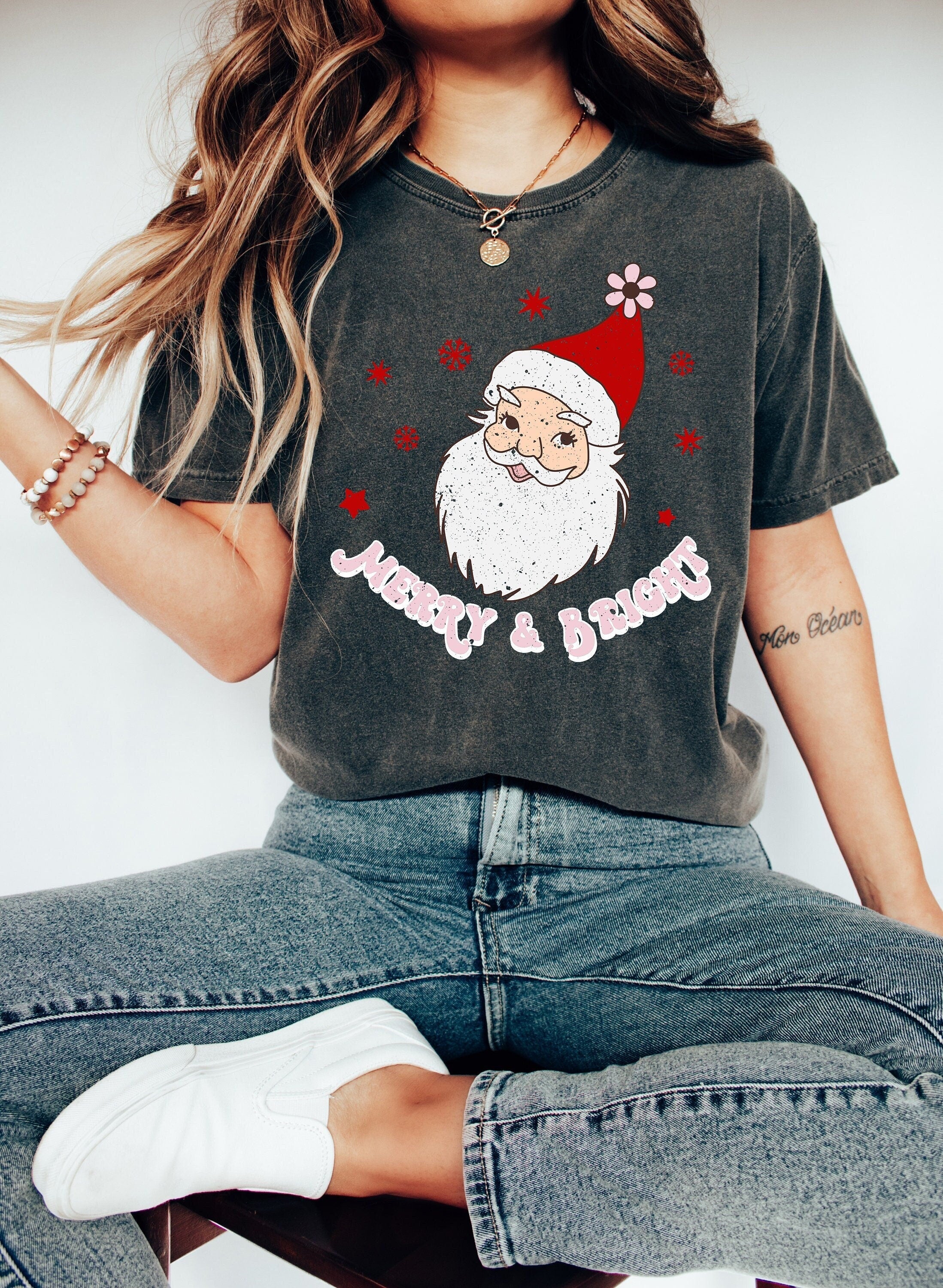 Retro Christmas Comfort Colors Shirt, Merry And Bright Santa Shirt, Vintage Santa Christmas Shirt, Retro Holiday Shirt, Ugly Sweater Shirt