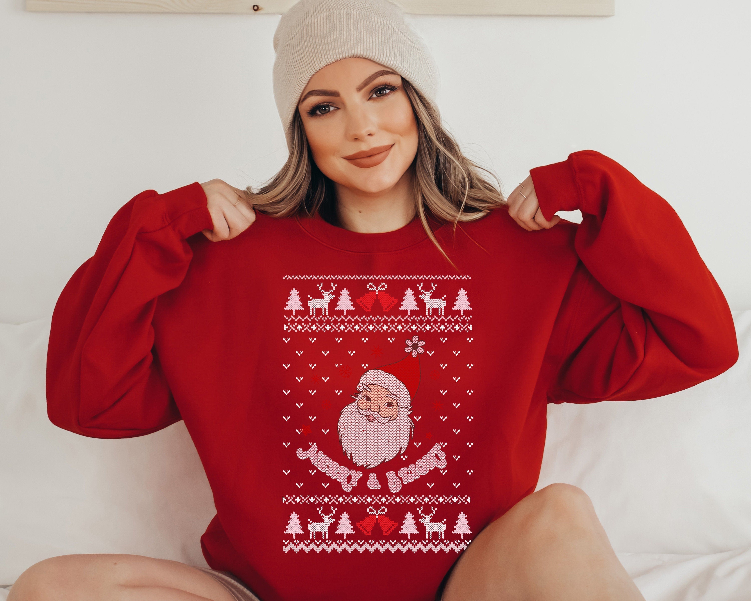 Merry And Bright Santa Sweater, Vintage Christmas, Christmas Sweatshirt, Women's Cute Santa, Graphic Pullover, Ugly Christmas Sweater