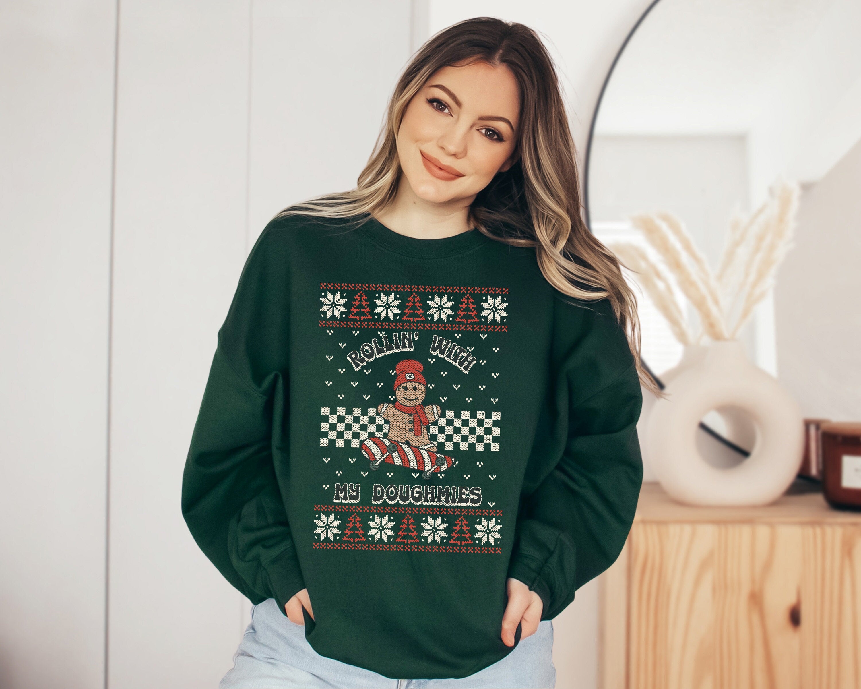 Rollin With My Doughmies Sweater, Vintage Christmas, Christmas Sweatshirt, Women's Cute Santa, Graphic Pullover, Ugly Christmas Sweater