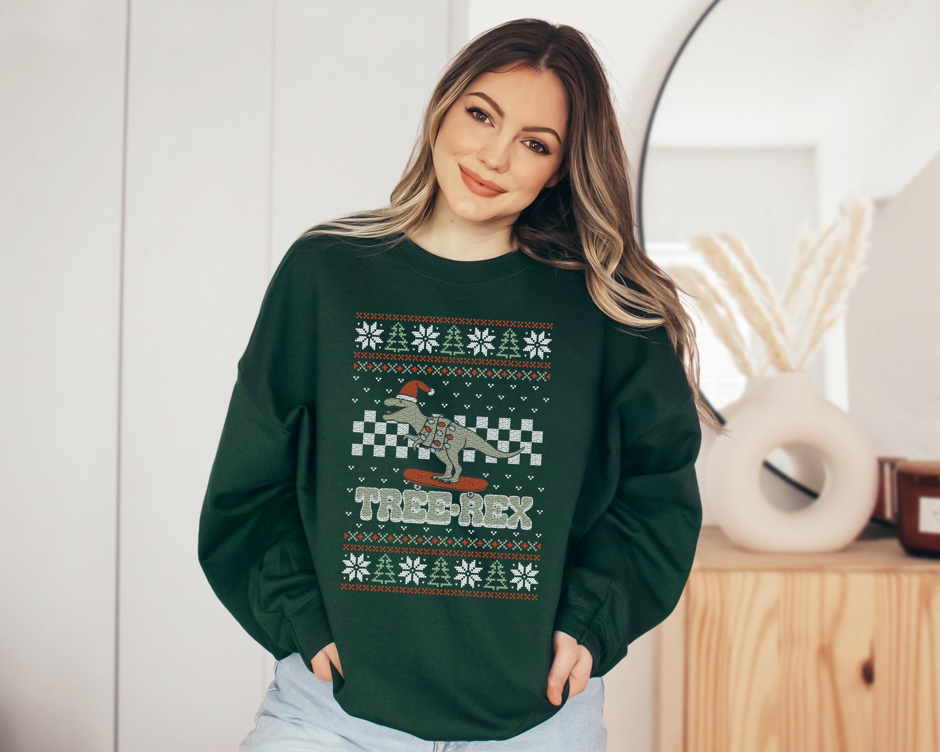Tree Rex Skateboarding Sweater, Vintage Christmas, Christmas Sweatshirt, Women's Cute Santa, Graphic Pullover, Ugly Christmas Sweater