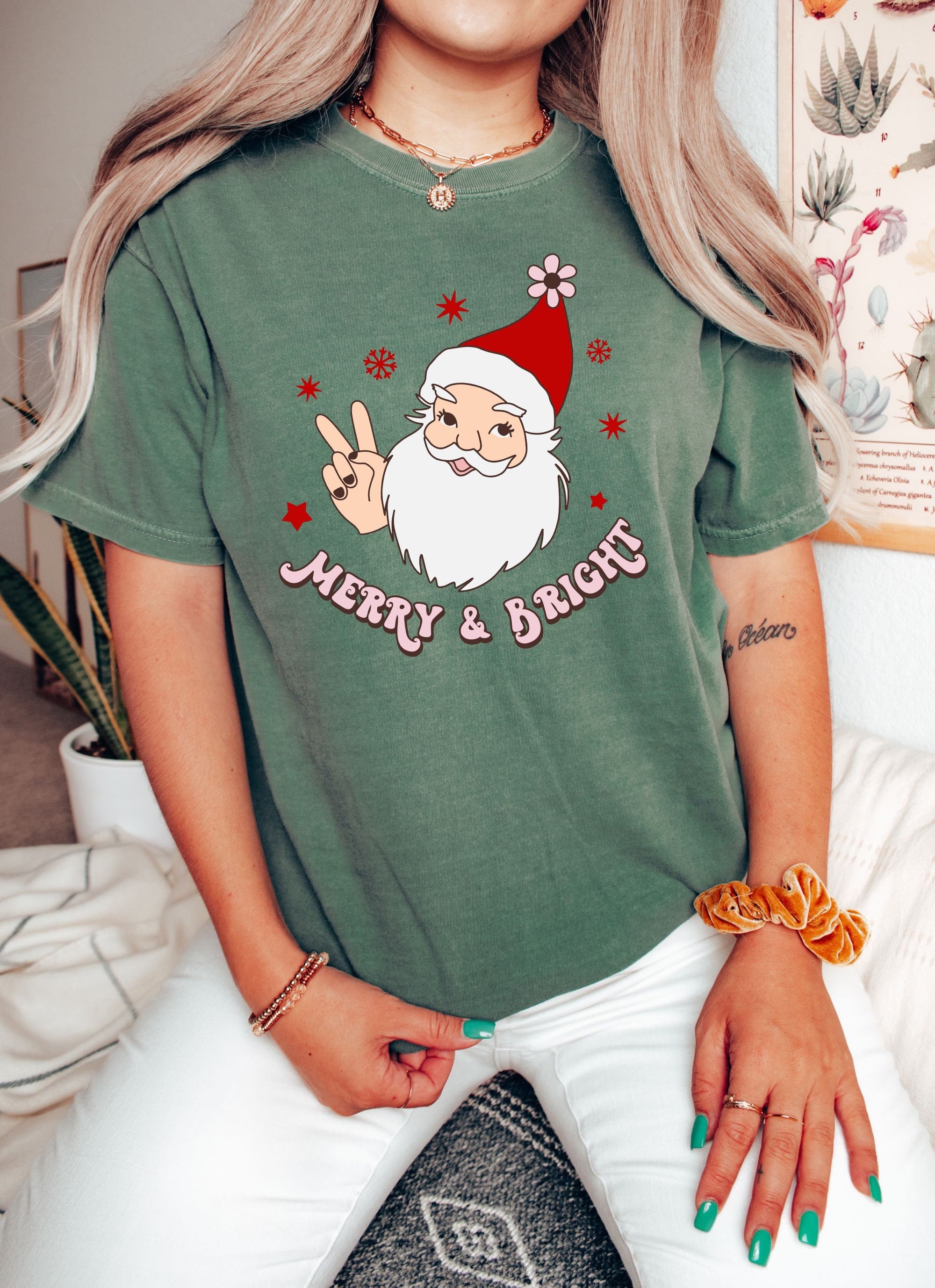 Retro Christmas Comfort Colors Shirt, Merry And Bright Santa Shirt, Vintage Santa Christmas Shirt, Retro Holiday Shirt, Ugly Sweater Shirt