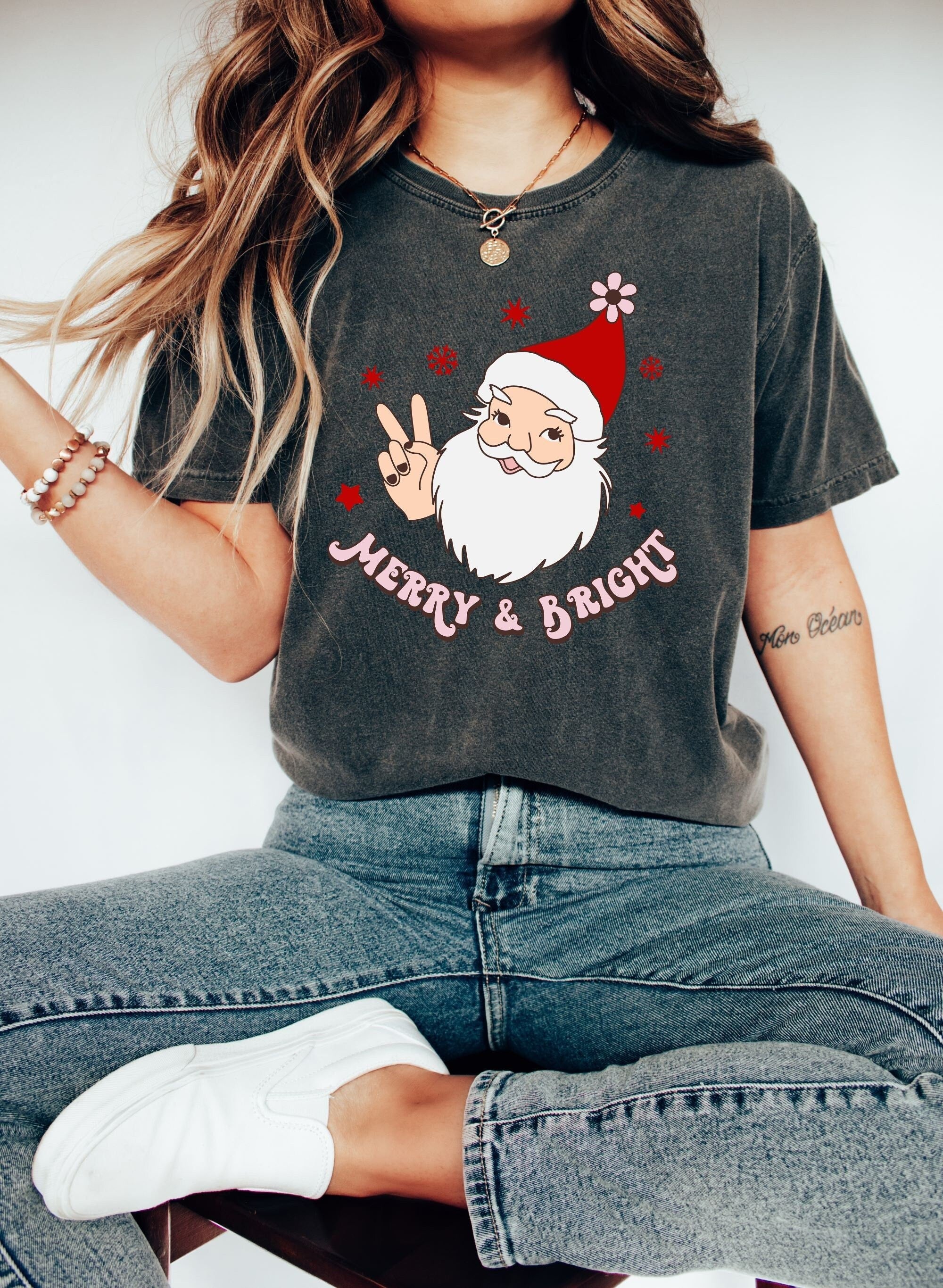 Retro Christmas Comfort Colors Shirt, Merry And Bright Santa Shirt, Vintage Santa Christmas Shirt, Retro Holiday Shirt, Ugly Sweater Shirt