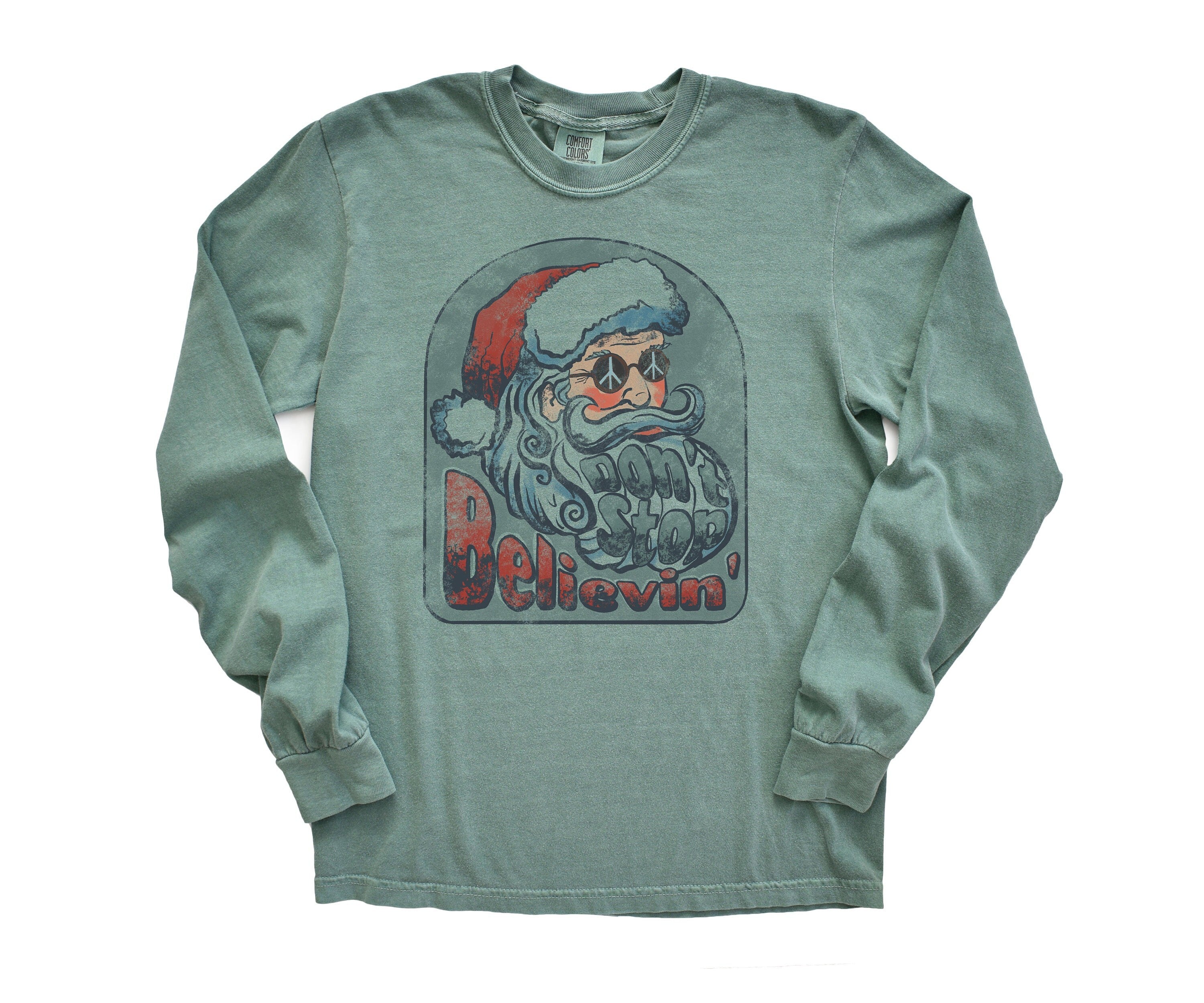 Long Sleeve Retro Christmas Comfort Colors shirt, Dont Stop Believing, Vintage New Years Holiday Shirt, Santa Shirt, Retro Christmas Shirt