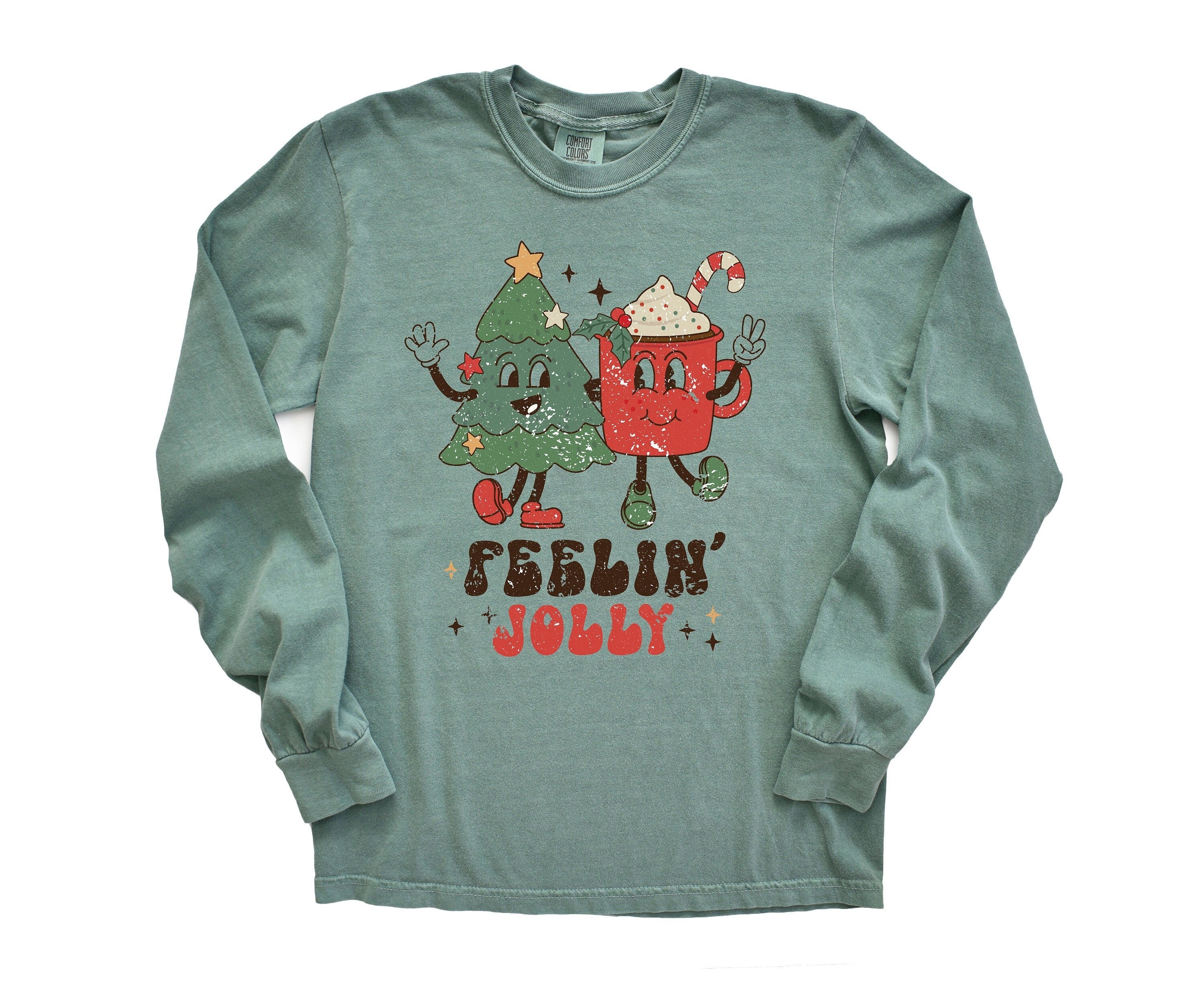 Long Sleeve Retro Christmas Comfort Colors Shirt, Feeling Jolly Tree & Hot Cocoa, Vintage Holiday Shirt, Santa Shirt, Retro Christmas Shirt