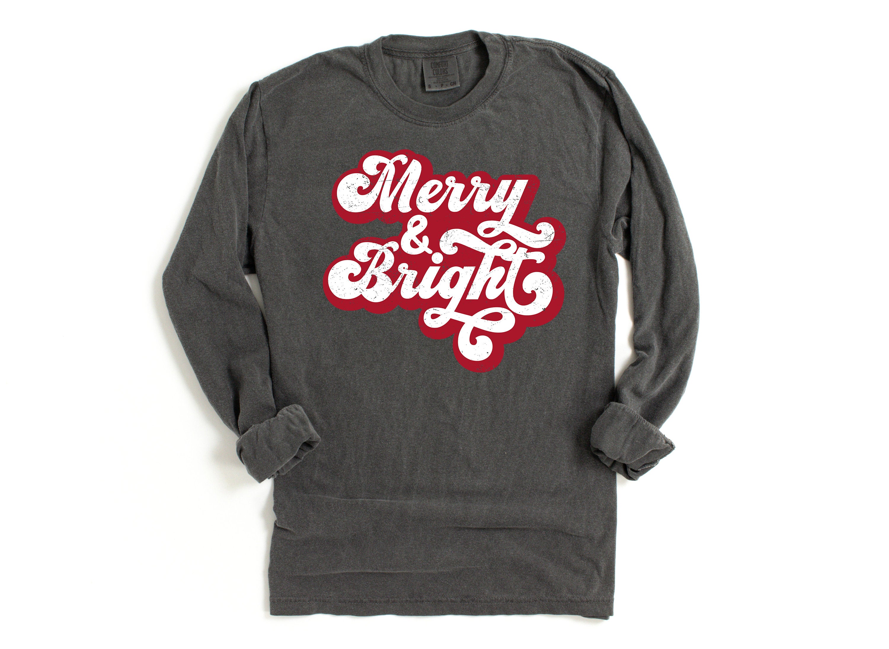Long Sleeve Retro Christmas Comfort Colors shirt, Merry and Bright Boho Font, Vintage Holiday Shirt, Santa Shirt, Retro Christmas Shirt
