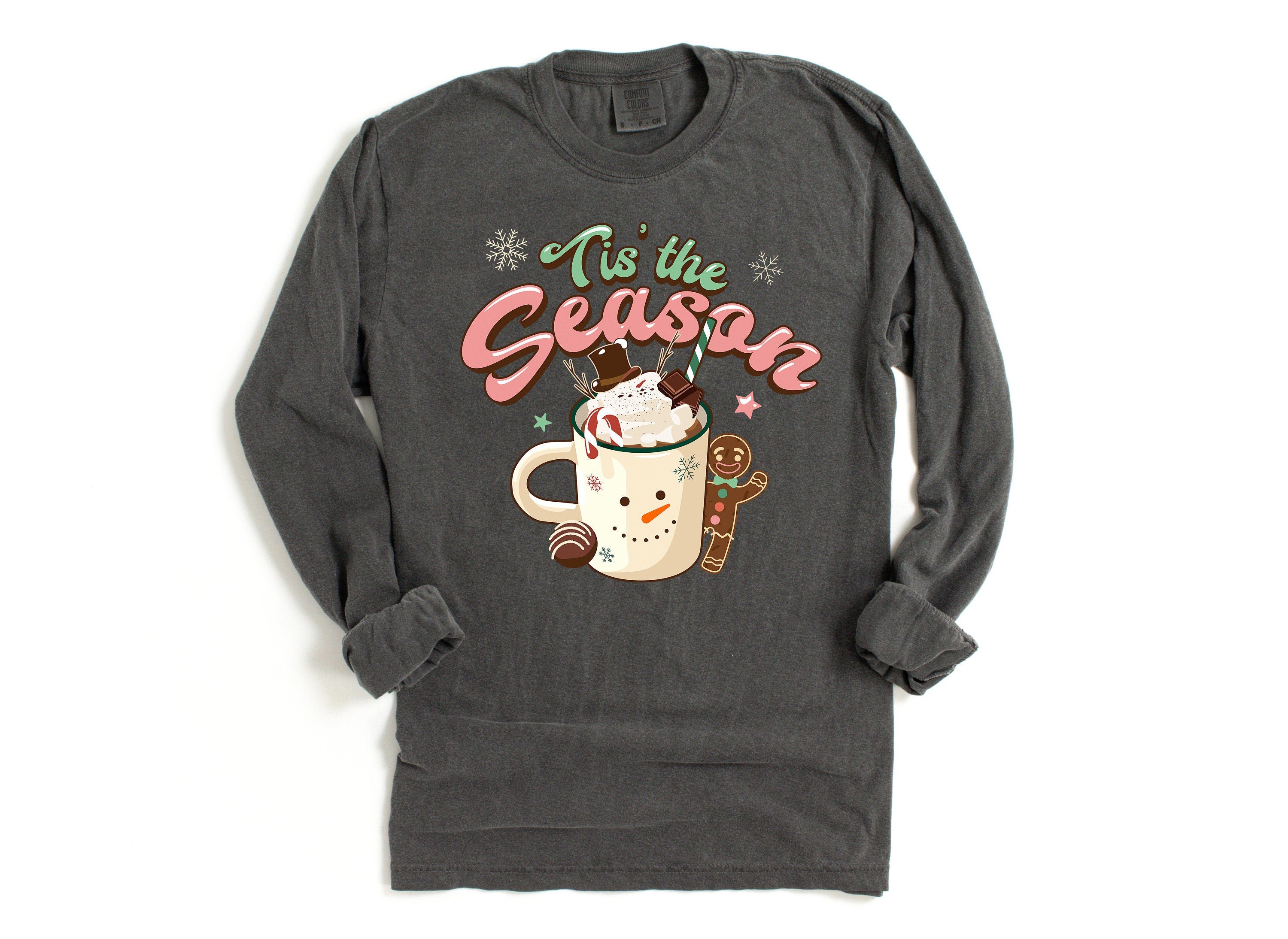 Long Sleeve Retro Christmas Comfort Colors Shirt, Tis The Season Hot Cocoa, Vintage Holiday Shirt, Santa Shirt, Retro Christmas Shirt