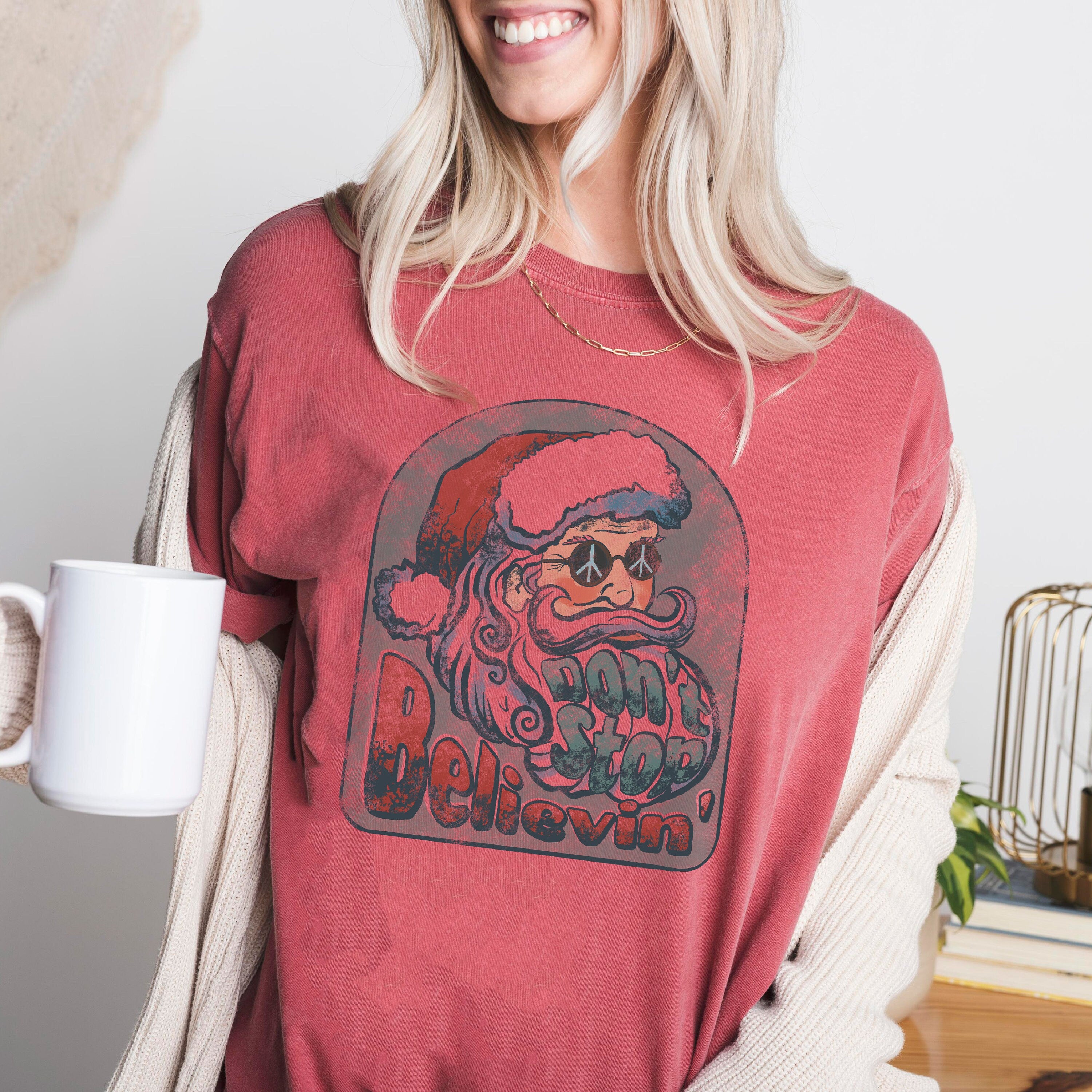 Retro Christmas Comfort Colors Shirt, Don't Stop Believing Shirt, Vintage Santa Christmas Shirt, Retro Holiday Shirt, Ugly Sweater Shirt