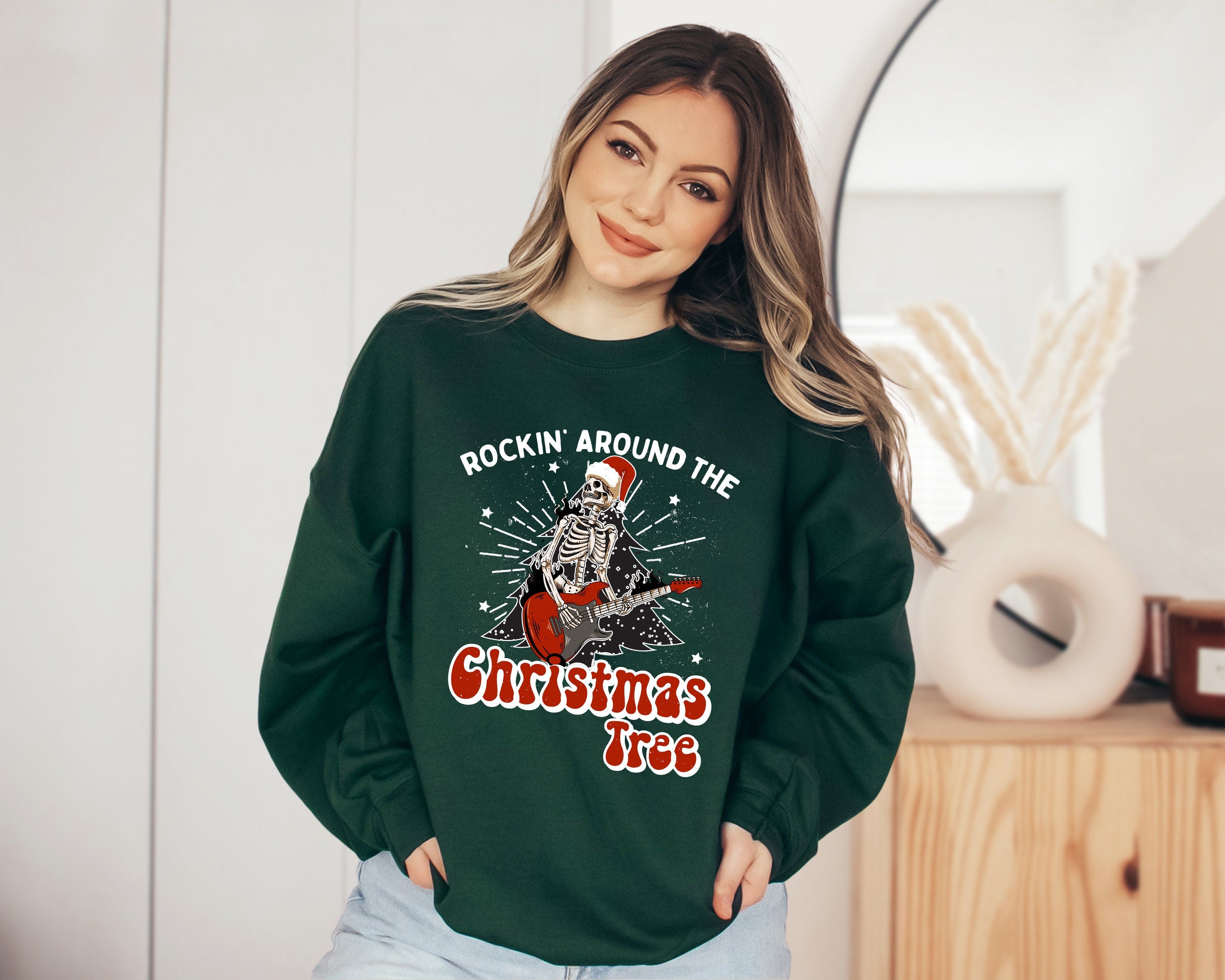 Rockin' Around Sweater, Vintage Christmas, Christmas Tree Sweatshirt, Womens Cute Santa, Xmas Graphic Pullover, Holiday Ugly Sweater