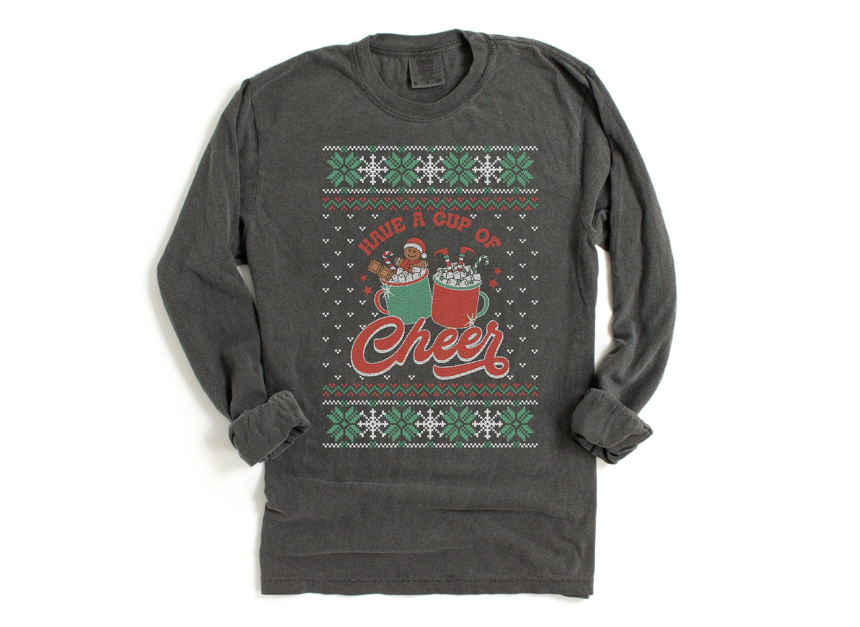 Long Sleeve Retro Christmas Comfort Colors shirt, Have a Cup of Cheer Hot Cocoa, Vintage Holiday Shirt, Santa Shirt, Retro Ugly Sweater