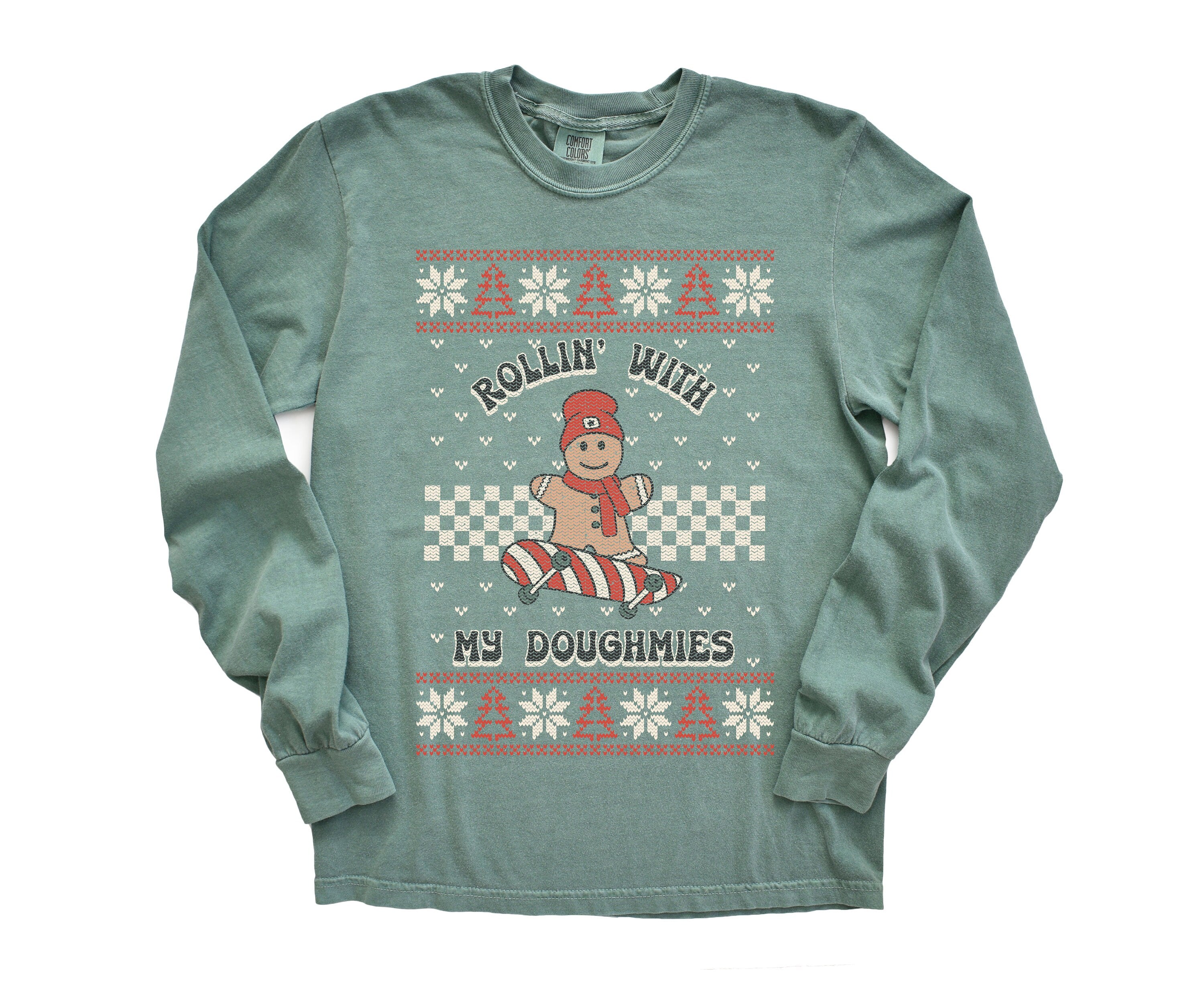 Long Sleeve Retro Christmas Comfort Colors shirt, Rollin With Doughmies, Vintage New Years Holiday Shirt, Santa Shirt, Retro Ugly Sweater