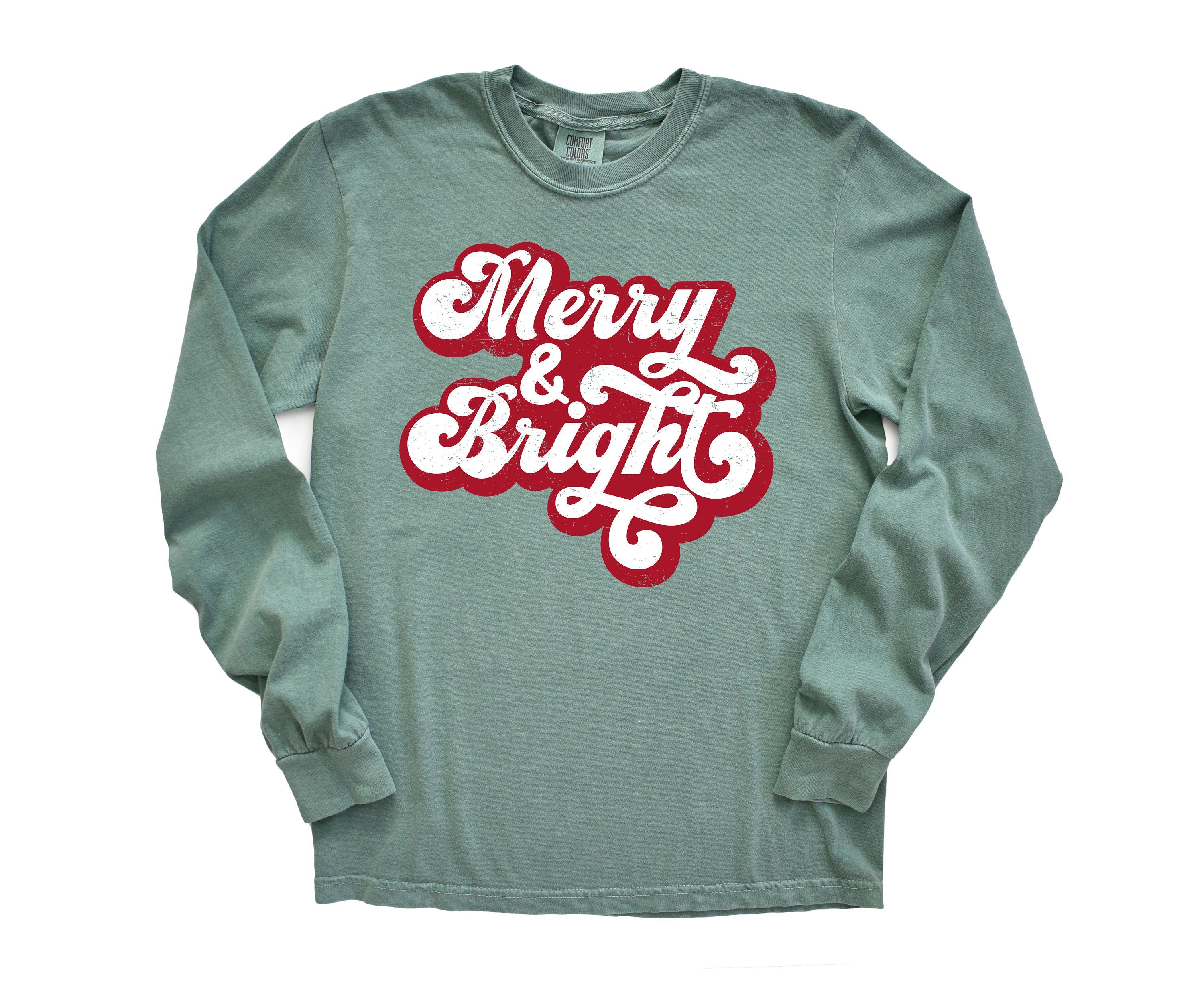 Long Sleeve Retro Christmas Comfort Colors shirt, Merry and Bright Boho Font, Vintage Holiday Shirt, Santa Shirt, Retro Christmas Shirt