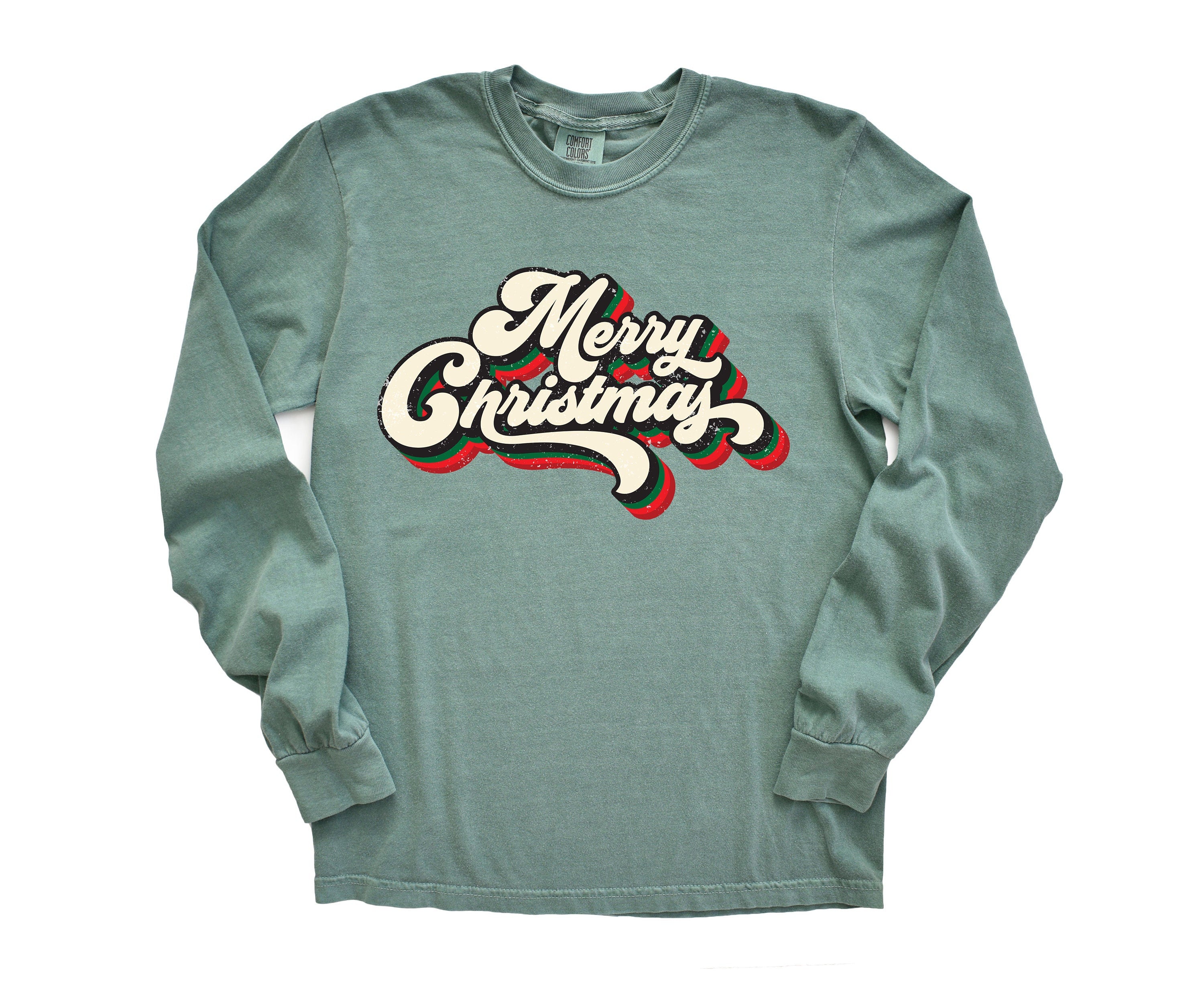 Long Sleeve Retro Christmas Comfort Colors shirt, Merry Christmas Boho Script, Vintage Holiday Shirt, Santa Shirt, Retro Christmas Shirt
