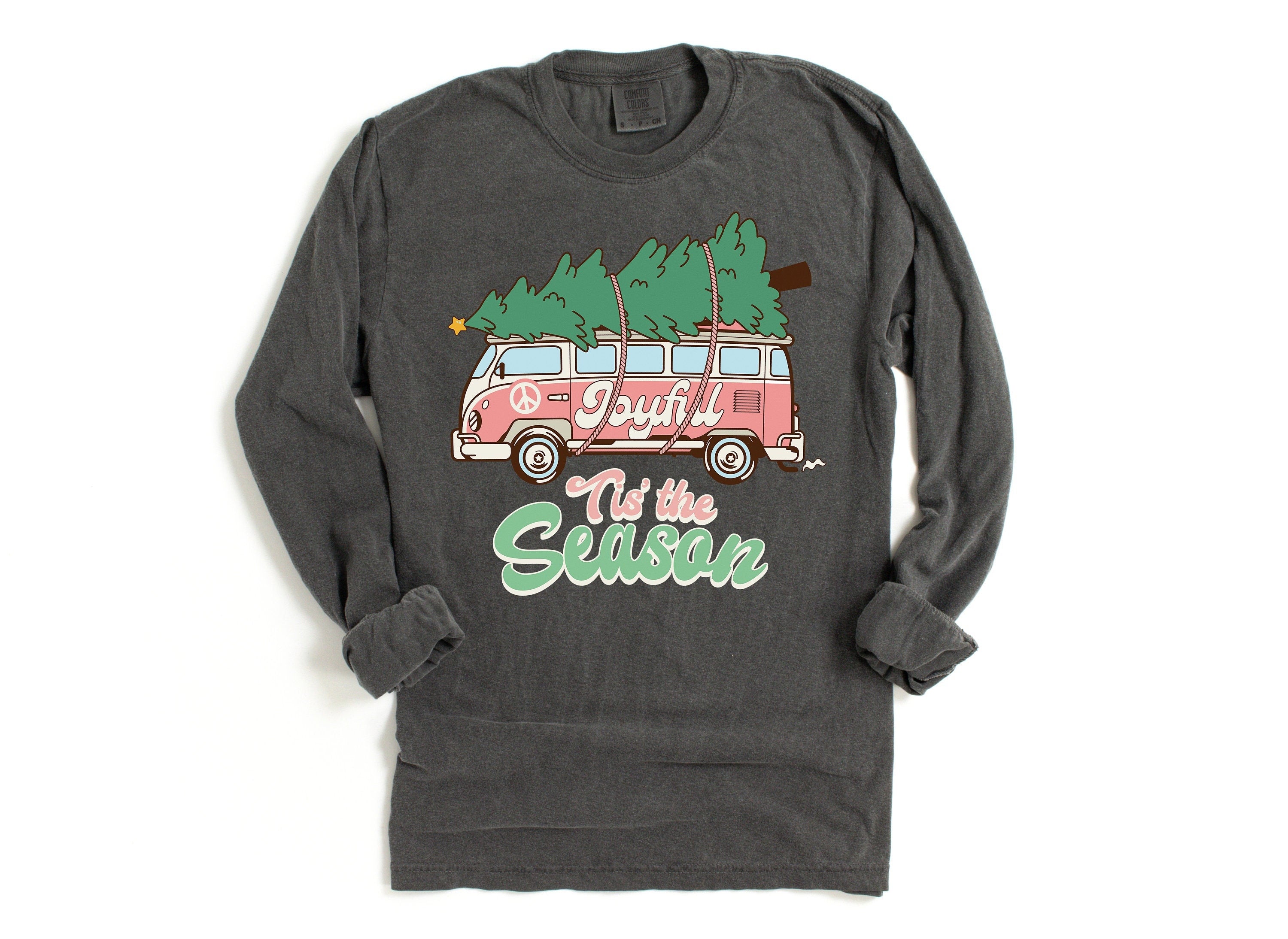 Long Sleeve Retro Christmas Comfort Colors Shirt, Tis The Season Retro Van, Vintage Holiday Shirt, Santa Shirt, Retro Christmas Shirt