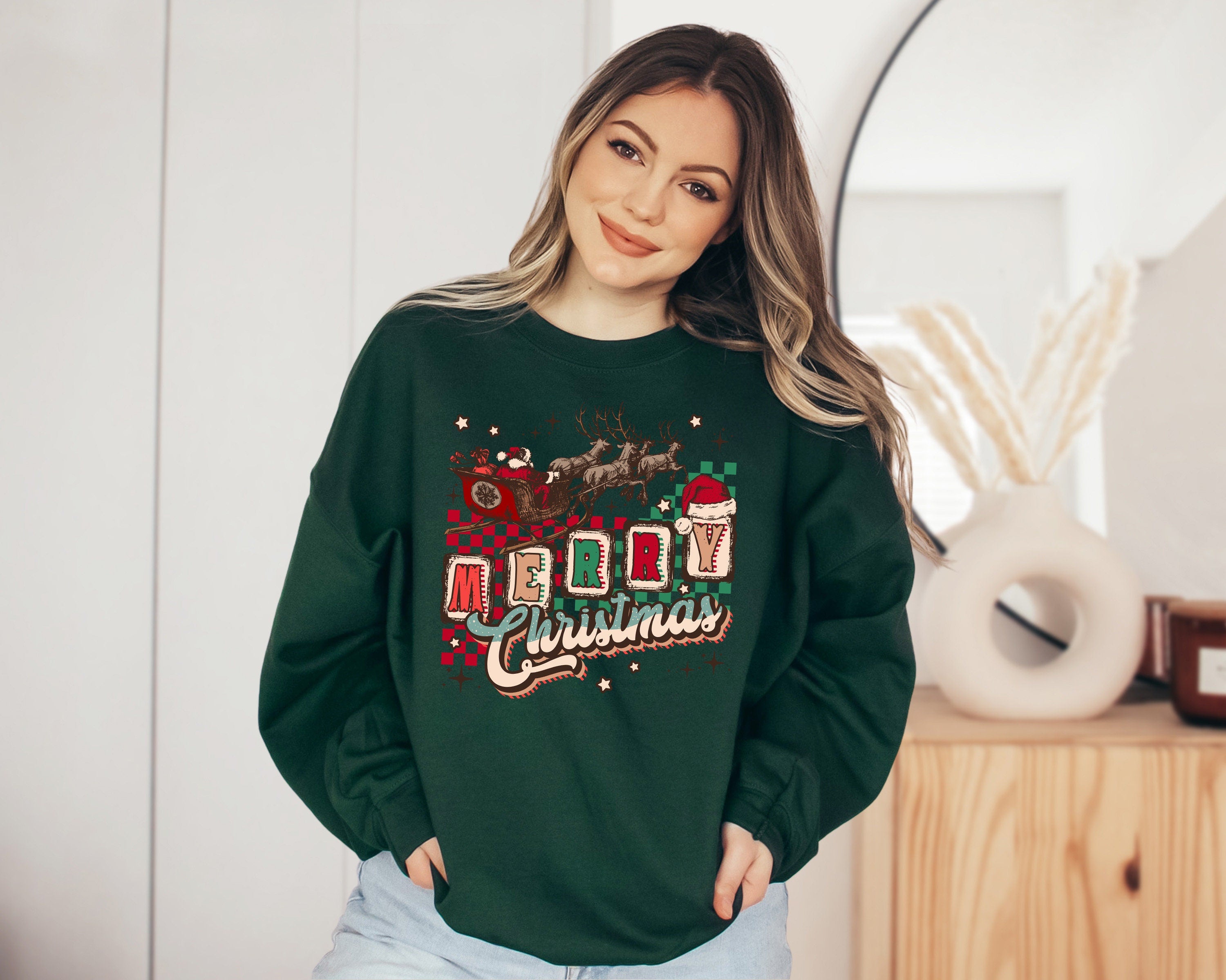 Boho Merry Christmas Tree Sweater, Vintage Christmas, Christmas Sweatshirt, Women's Cute Santa, Xmas Graphic Pullover, Holiday Ugly Sweater