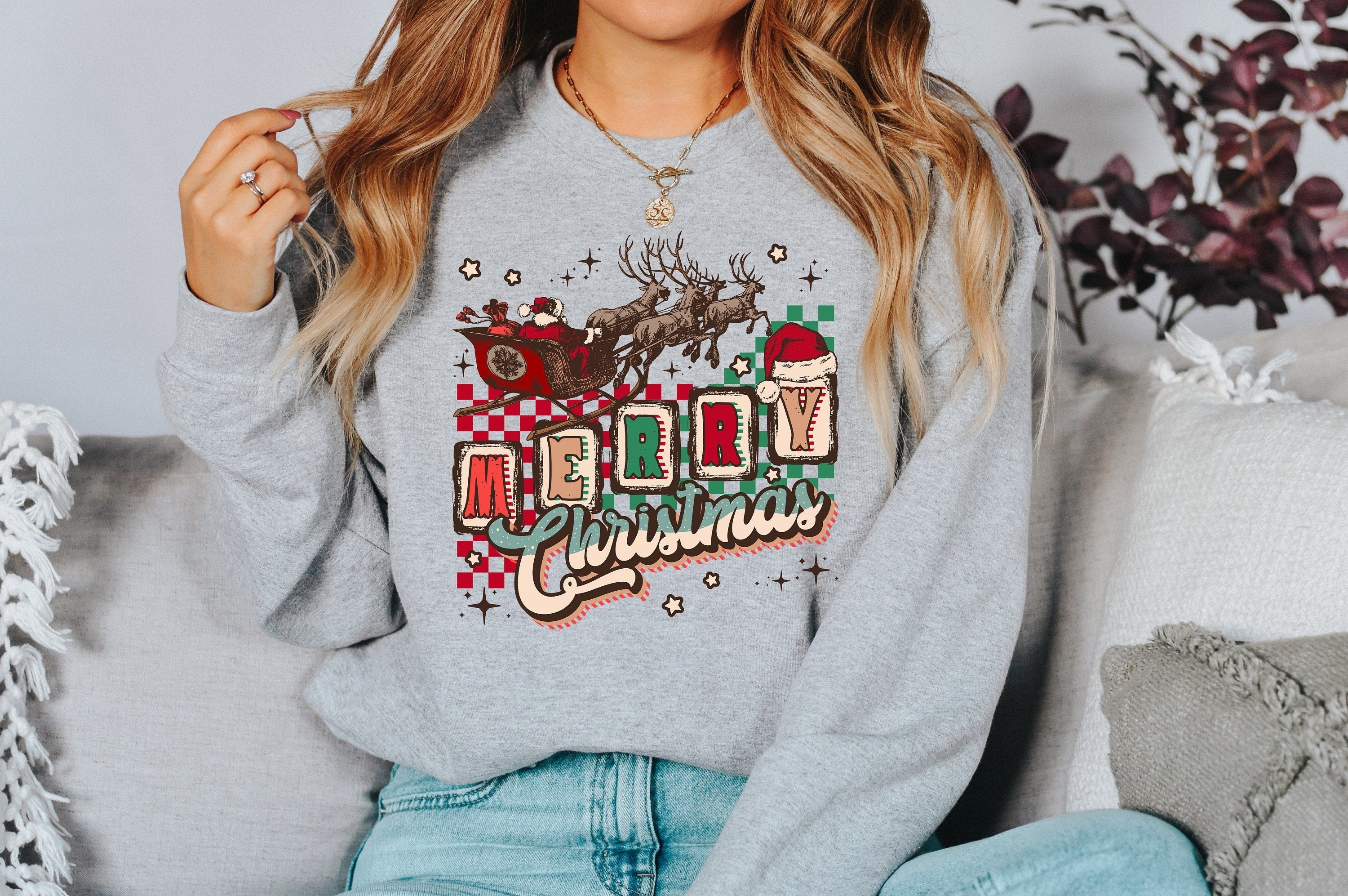 Boho Merry Christmas Tree Sweater, Vintage Christmas, Christmas Sweatshirt, Women's Cute Santa, Xmas Graphic Pullover, Holiday Ugly Sweater
