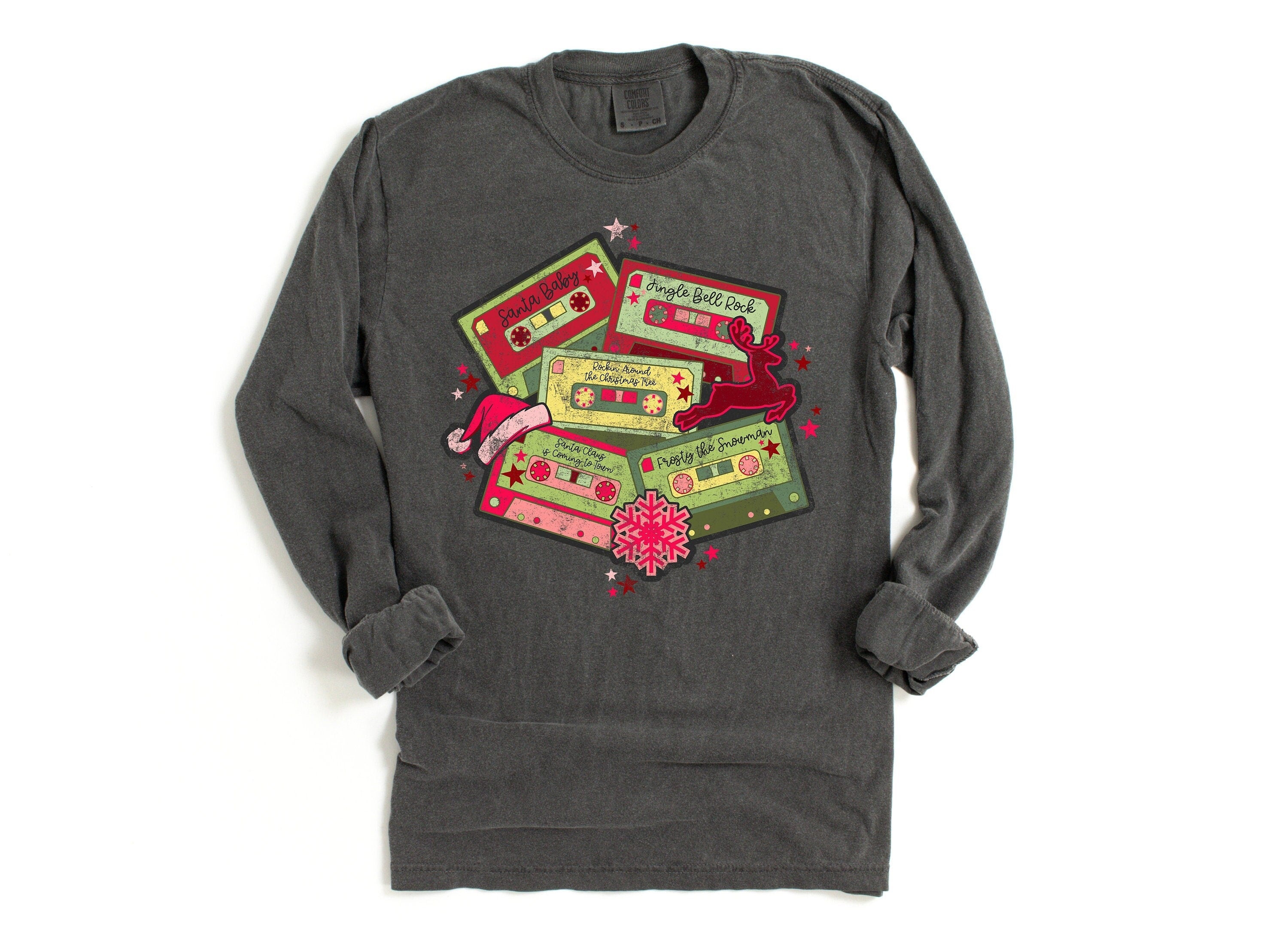 Long Sleeve Retro Christmas Comfort Colors shirt, Rocking Around The Tree, Vintage Holiday Shirt, Christmas Music, Retro Christmas Shirt