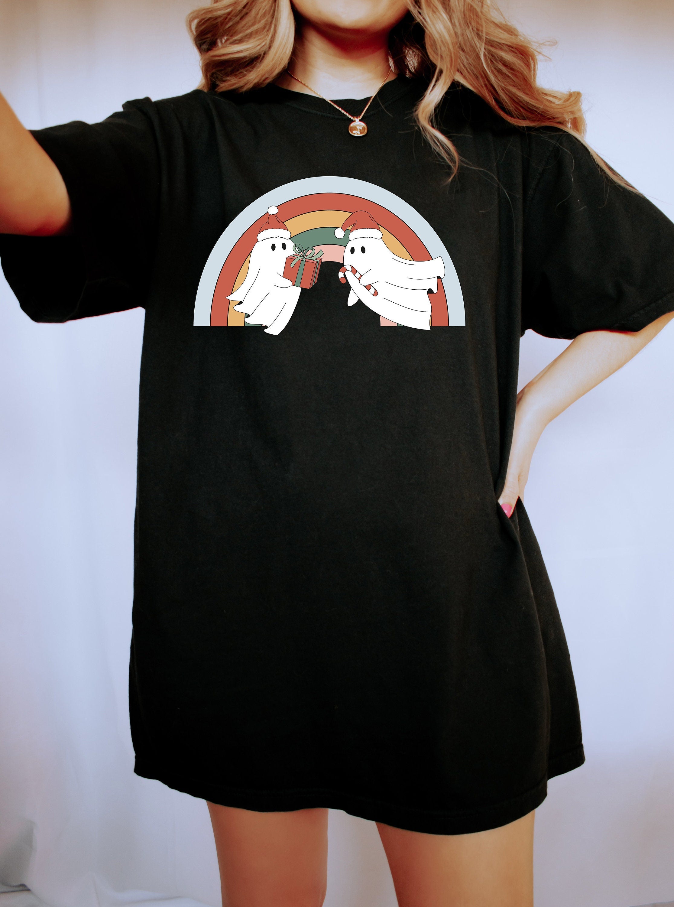 Retro Christmas Comfort Colors Shirt, Ghost Pride Rainbow Shirt, Vintage Ghost Christmas Shirt, Retro Holiday Shirt, Ugly Sweater Shirt