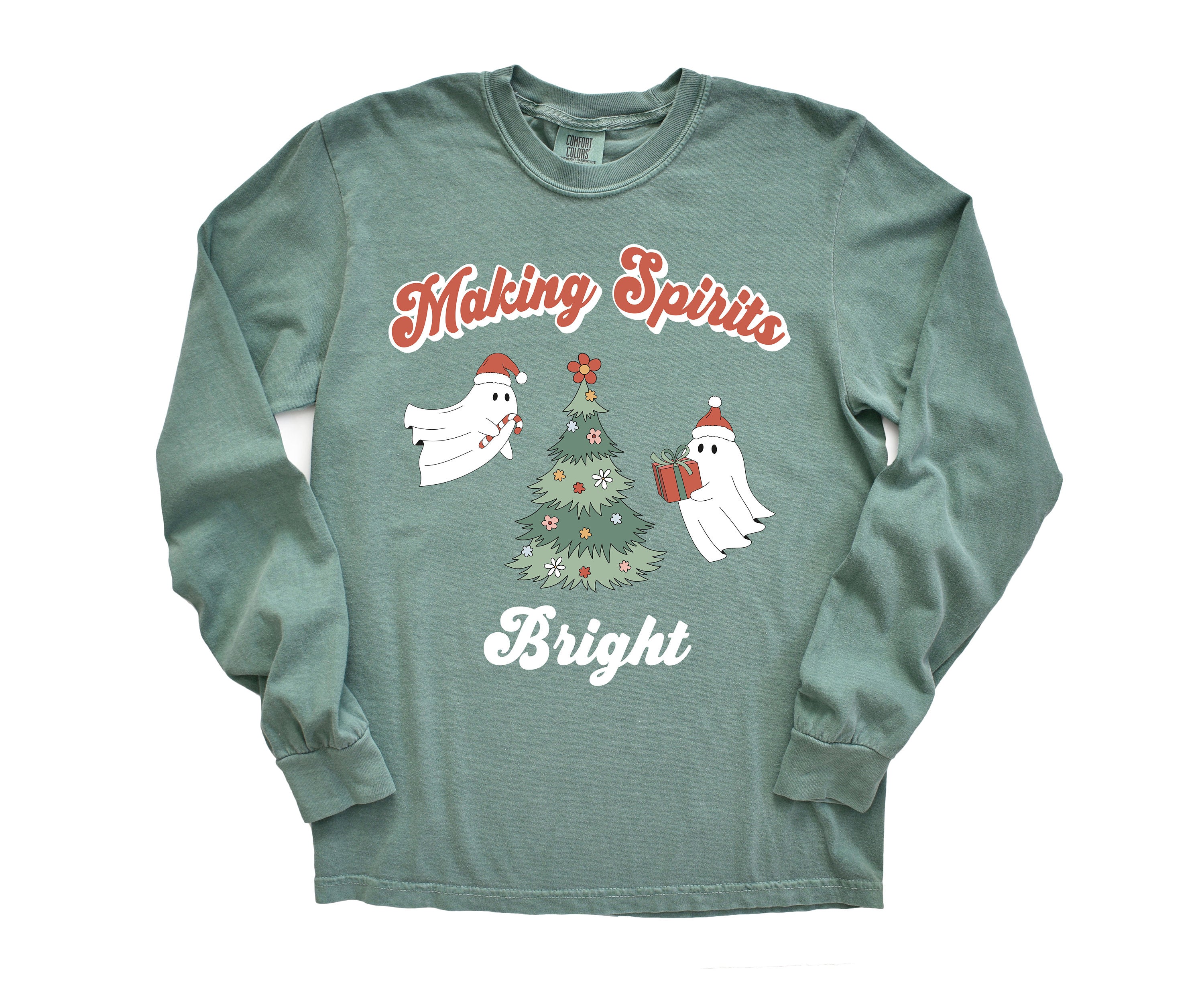 Long Sleeve Retro Christmas Comfort Colors Shirt, Making Spirits Bright Ghost, Vintage Holiday Shirt, Santa Shirt, Retro Christmas Shirt