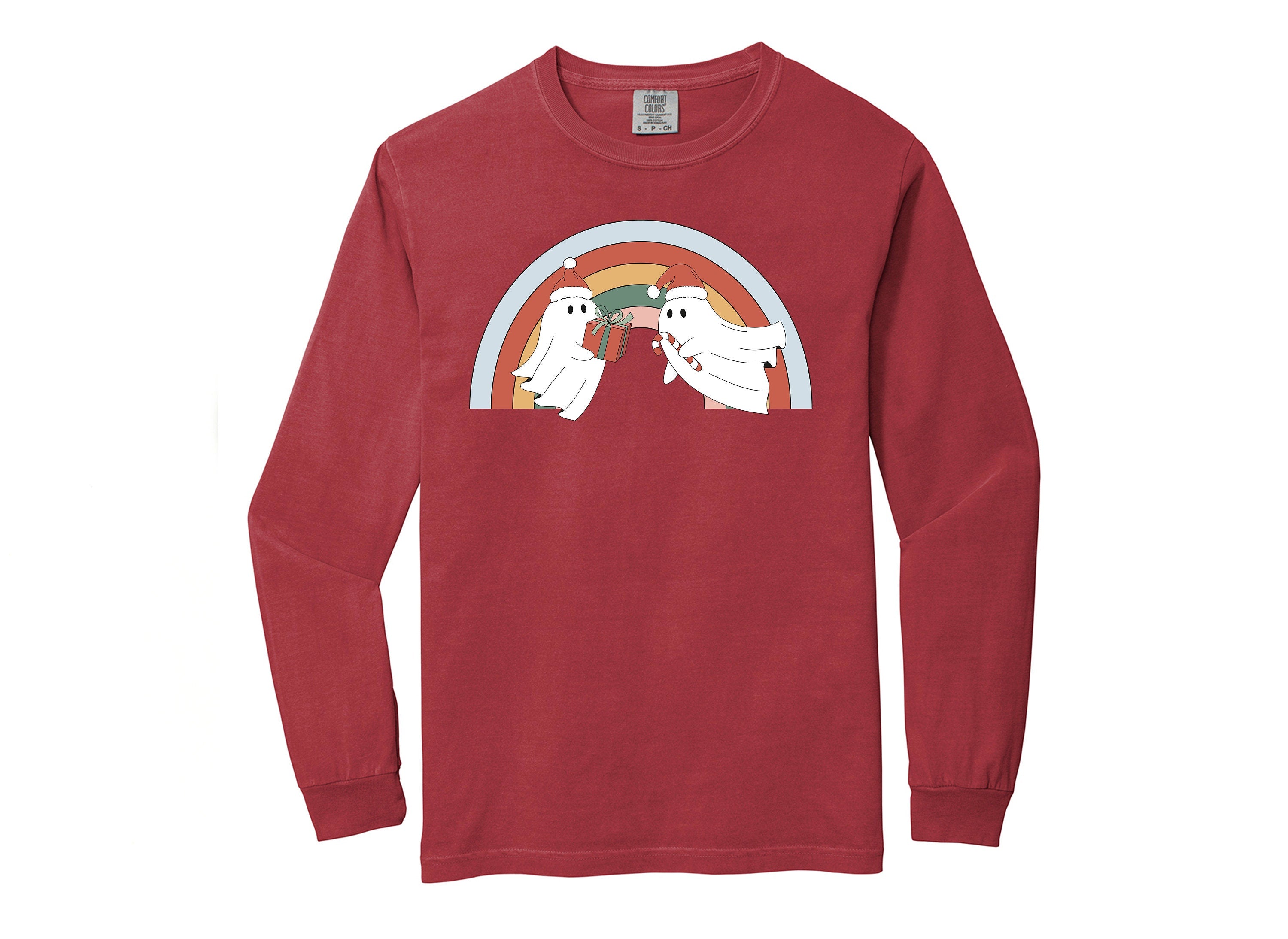 Long Sleeve Retro Christmas Comfort Colors Shirt, Rainbow Christmas Pride Ghost, Vintage Holiday Shirt, Santa Shirt, Retro Christmas Shirt