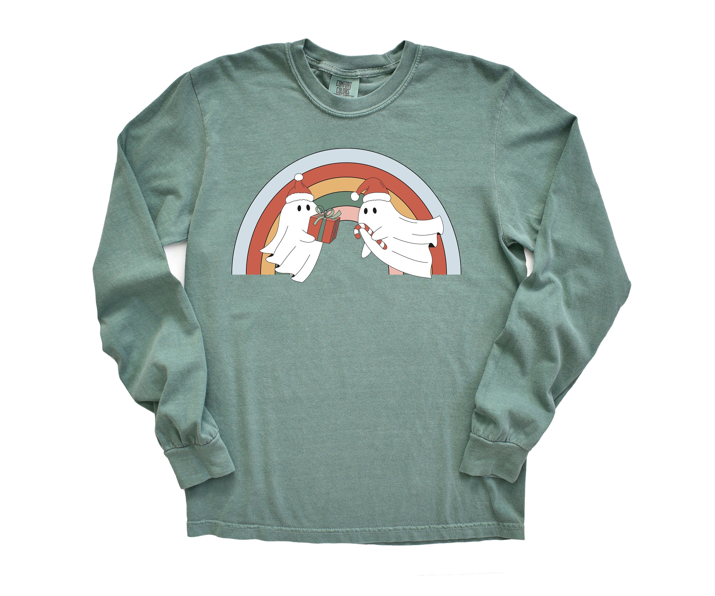 Long Sleeve Retro Christmas Comfort Colors Shirt, Rainbow Christmas Pride Ghost, Vintage Holiday Shirt, Santa Shirt, Retro Christmas Shirt