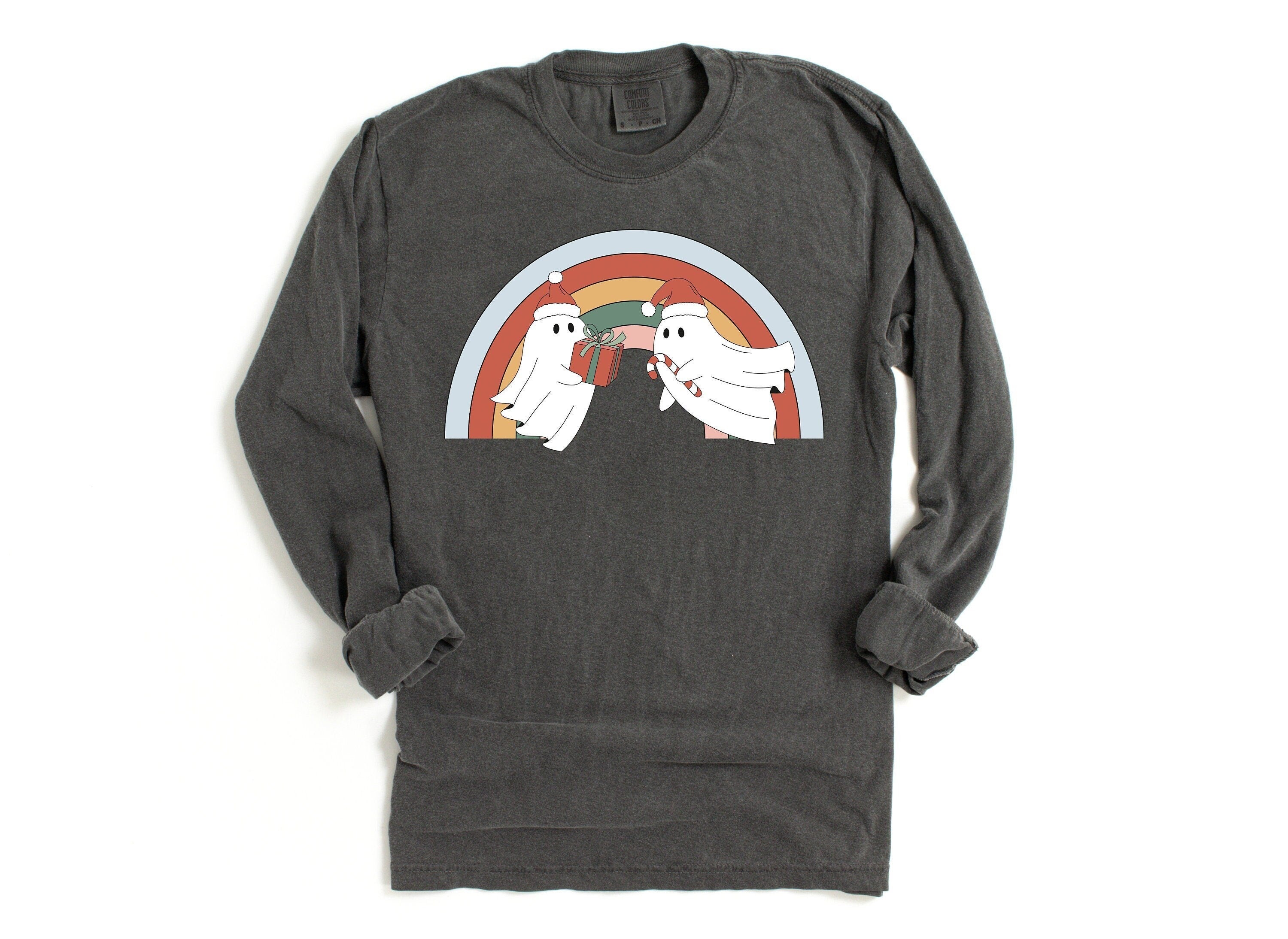 Long Sleeve Retro Christmas Comfort Colors Shirt, Rainbow Christmas Pride Ghost, Vintage Holiday Shirt, Santa Shirt, Retro Christmas Shirt