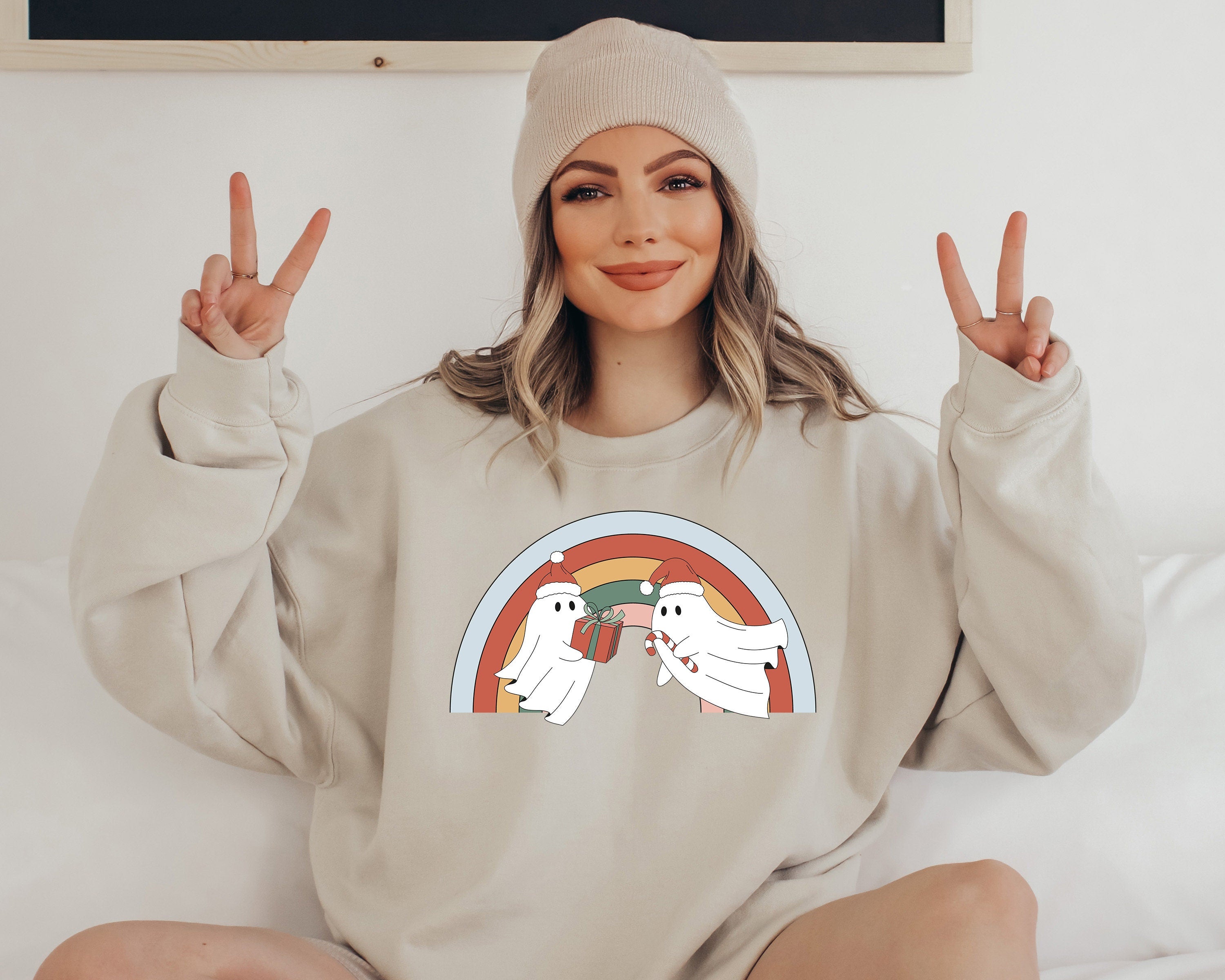 Making Spirits Bright Ghost Sweater, Vintage Christmas, Christmas Sweatshirt, Women's Cute Santa Xmas Graphic Pullover, Holiday Ugly Sweater