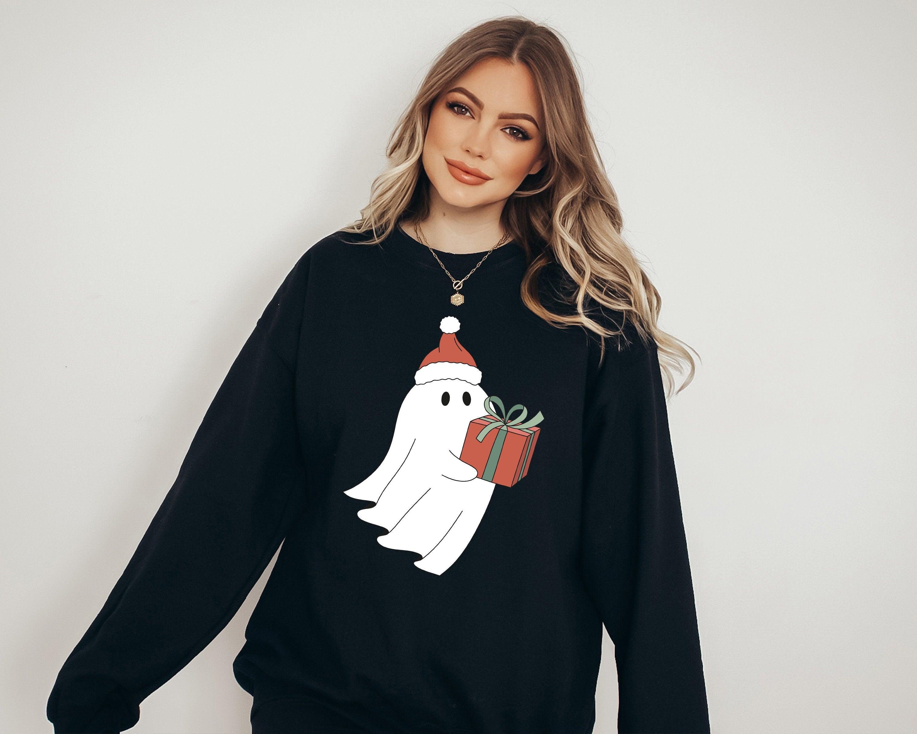 Making Spirits Bright Ghost Sweater, Vintage Christmas, Christmas Sweatshirt, Women's Cute Santa Xmas Graphic Pullover, Holiday Ugly Sweater