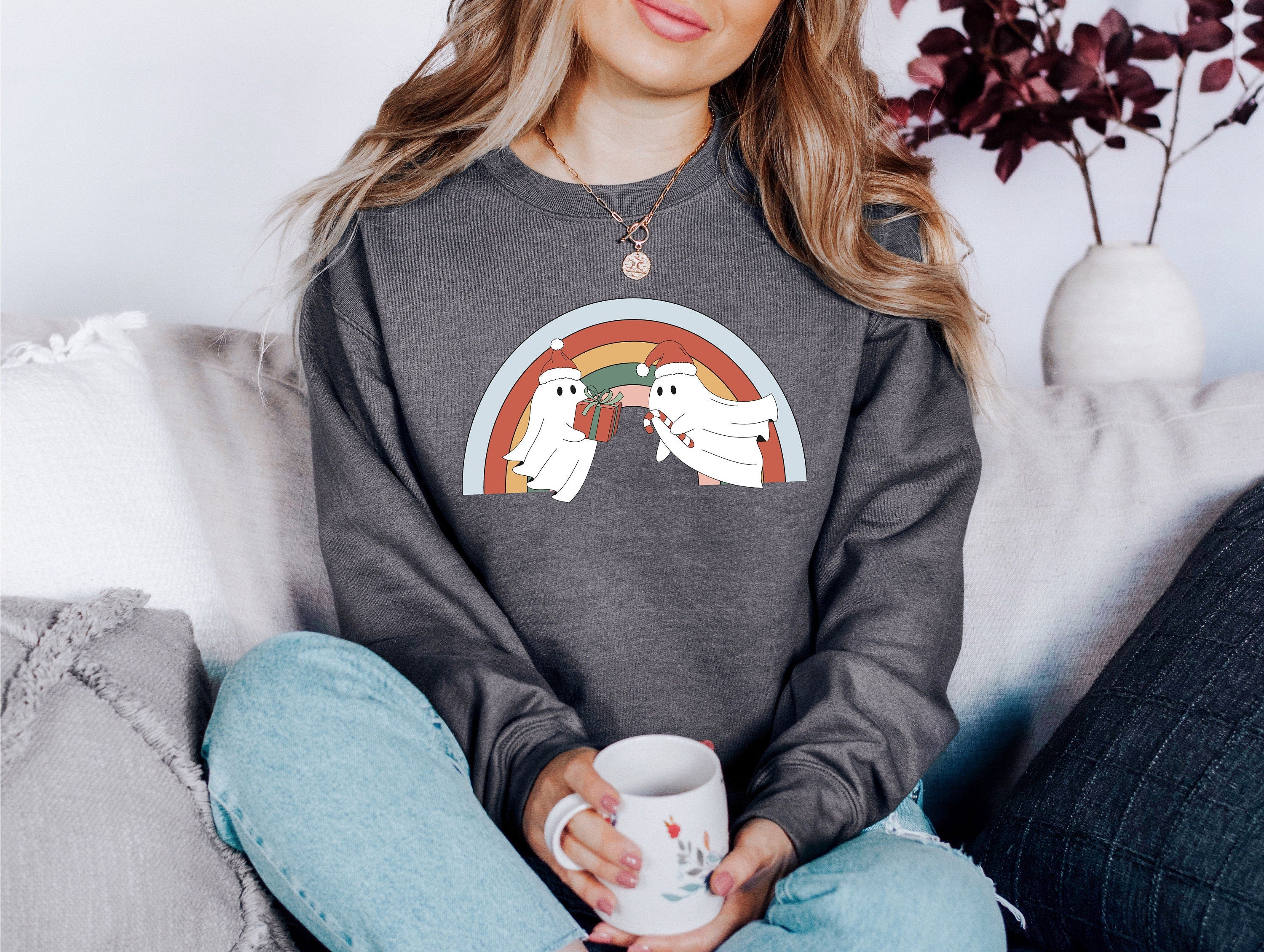 Making Spirits Bright Ghost Sweater, Vintage Christmas, Christmas Sweatshirt, Women's Cute Santa Xmas Graphic Pullover, Holiday Ugly Sweater