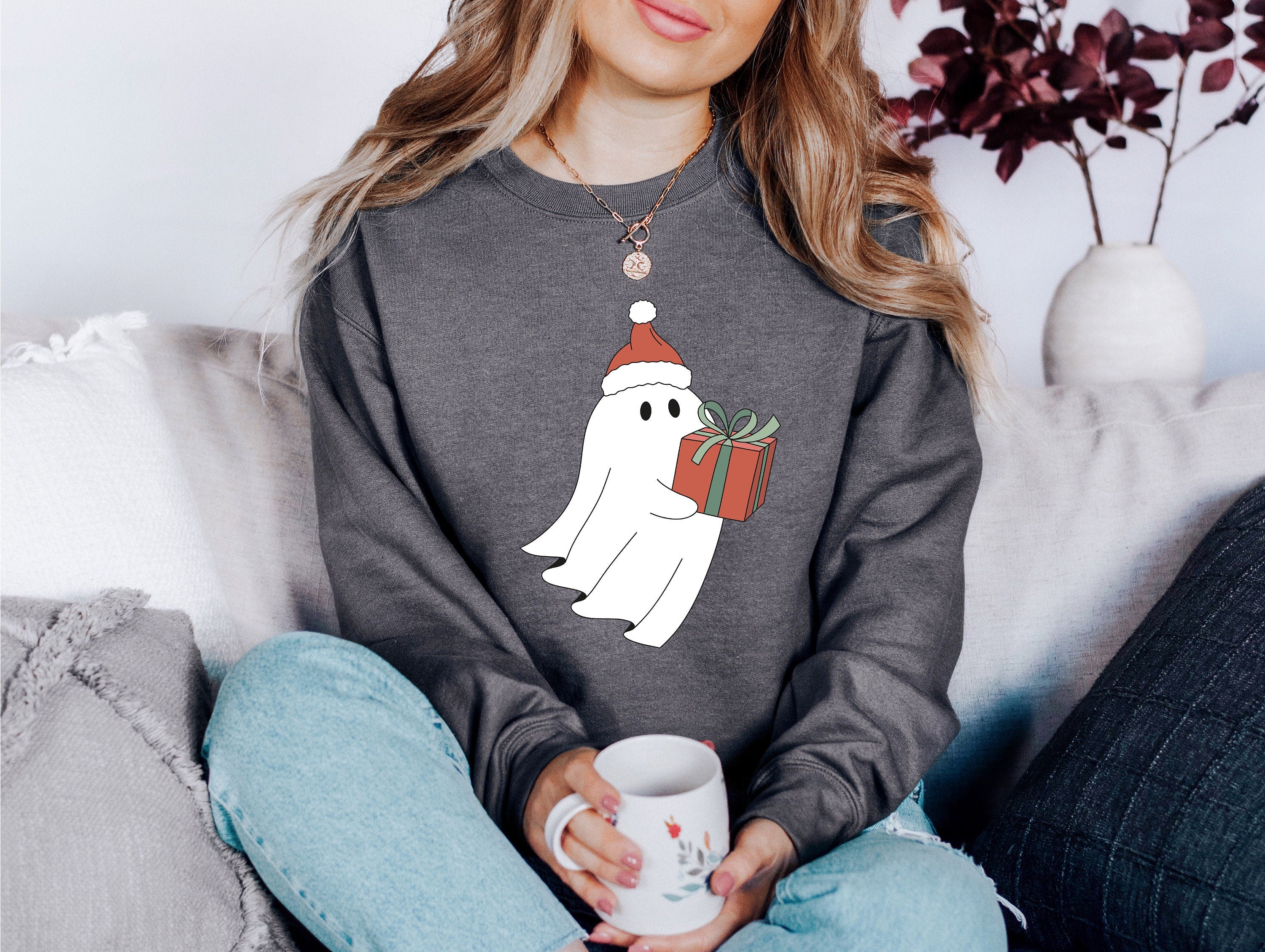 Making Spirits Bright Ghost Sweater, Vintage Christmas, Christmas Sweatshirt, Women's Cute Santa Xmas Graphic Pullover, Holiday Ugly Sweater