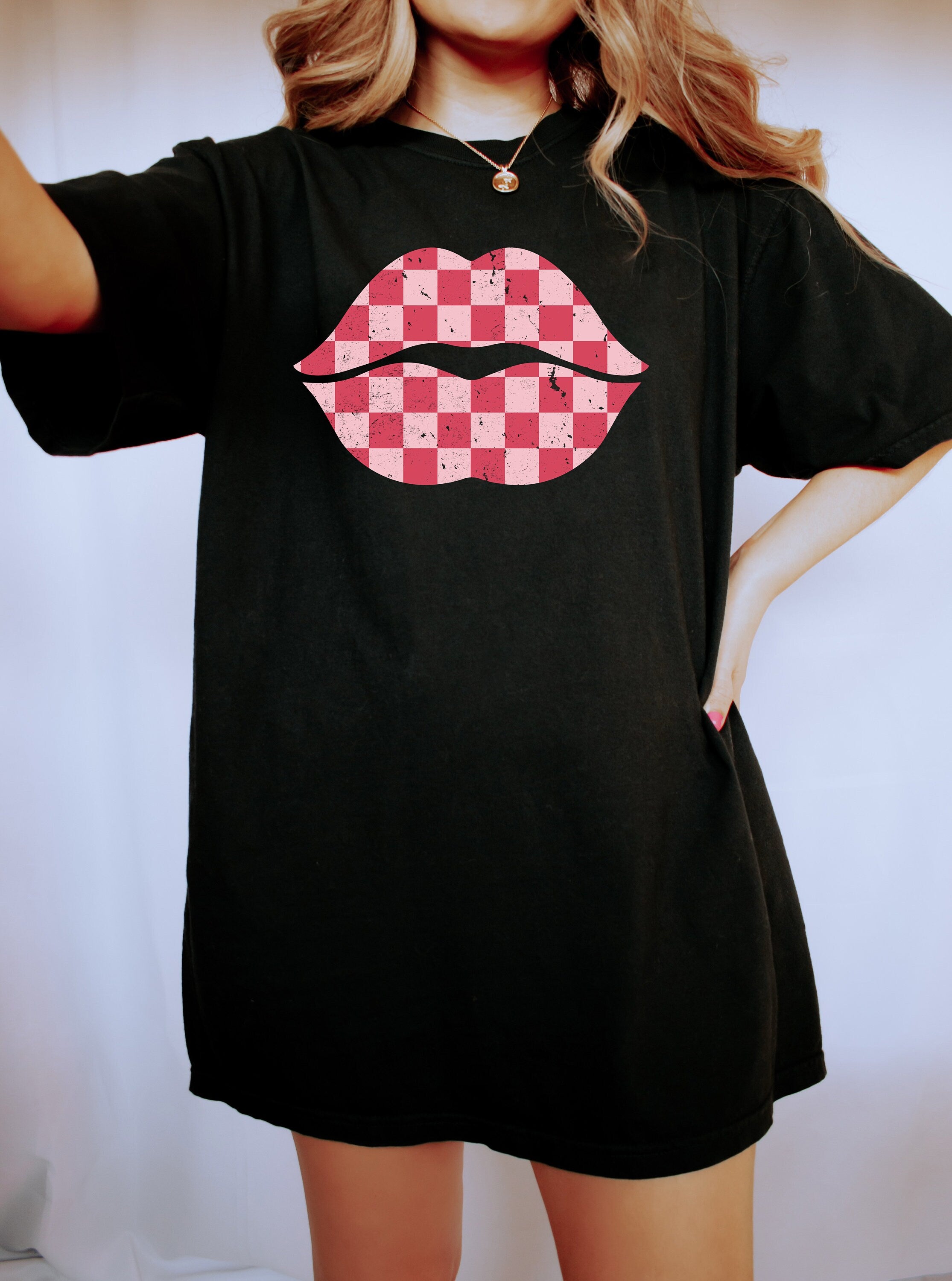 Retro Valentines Day Comfort Colors Shirt, Checkered Lips Love Shirt, Vintage Couples Shirt, Love Shirt, Heart Shirt, Proud Single Shirt